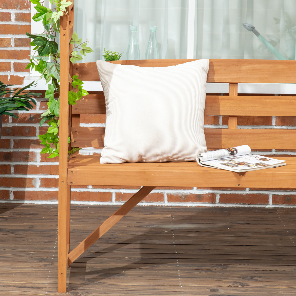 Outsunny Wooden Garden Bench with Arch Pergola, Natural Finish