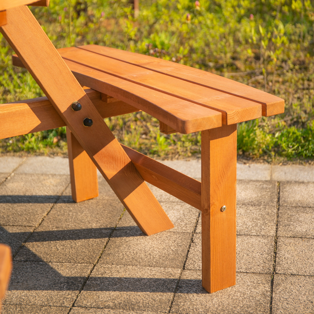 Outsunny Round Wooden Table with 3 Attached Benches and Umbrella Hole, Fir Wood, Outdoor Garden Use