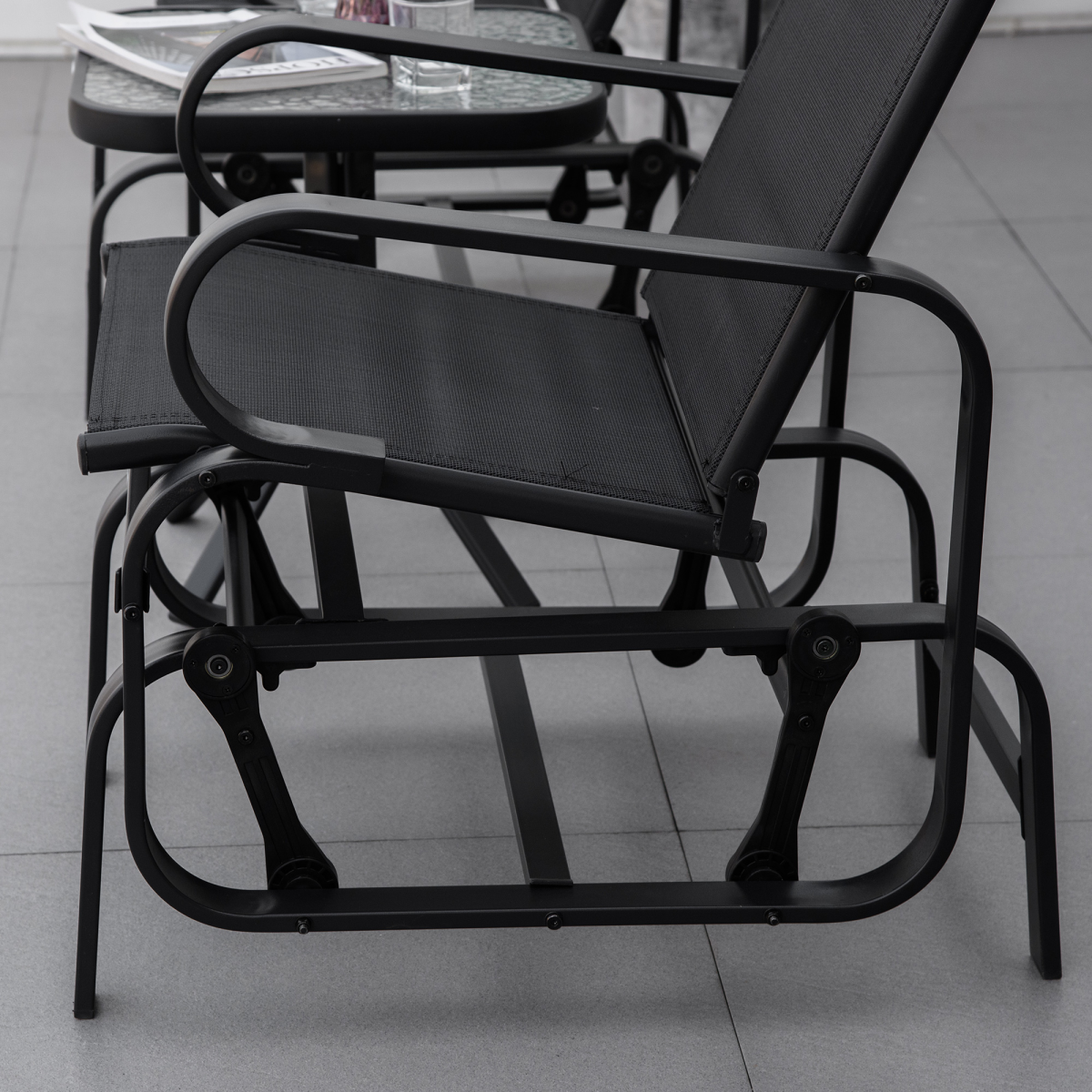 Outsunny 3-Piece Gliding Rocking Chair Set with Tea Table, Weather-Resistant Texteline Seat and Back Panels, Tempered Glass Table Top