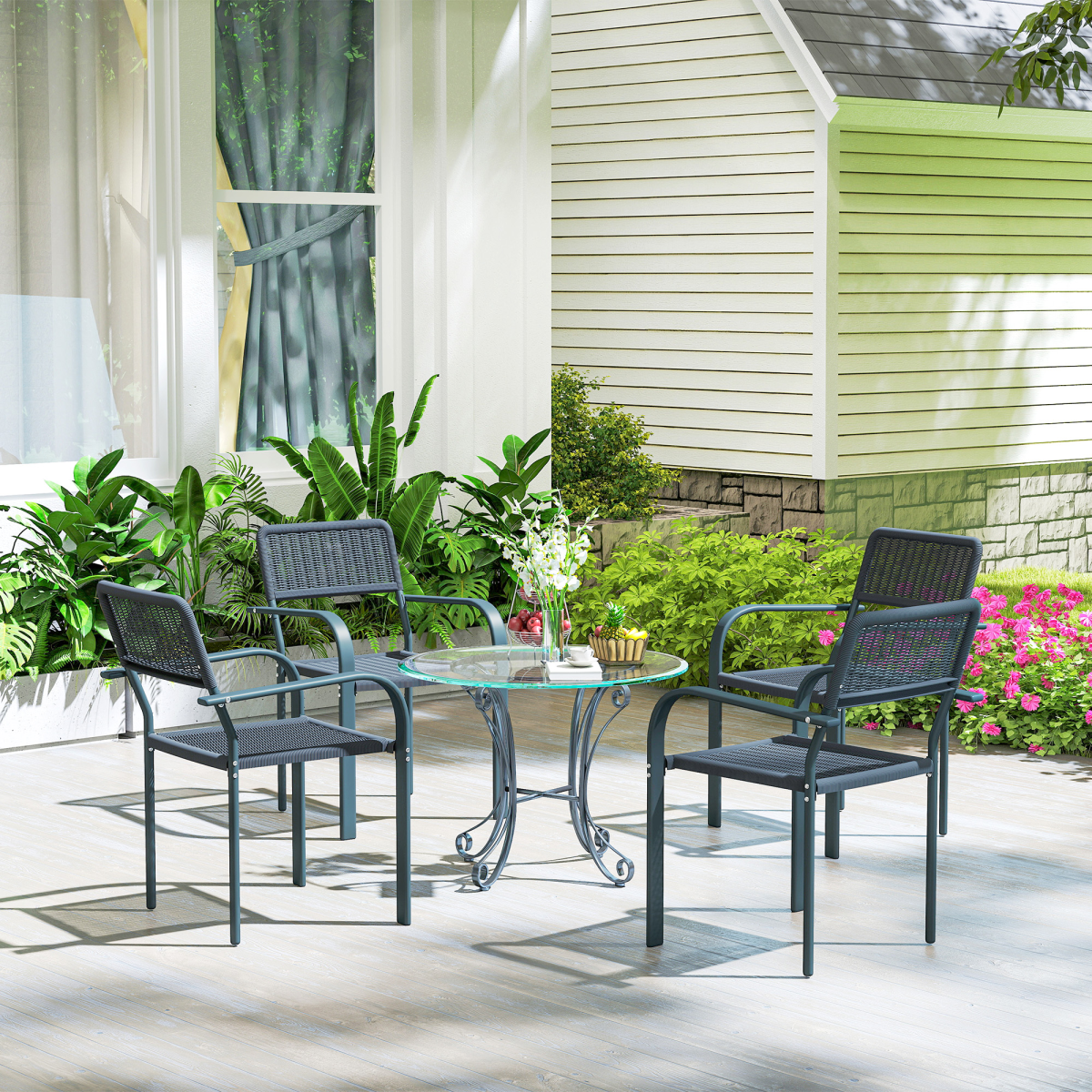 Outsunny Set of 4 Stackable Rattan Effect Garden Chairs, Dark Grey