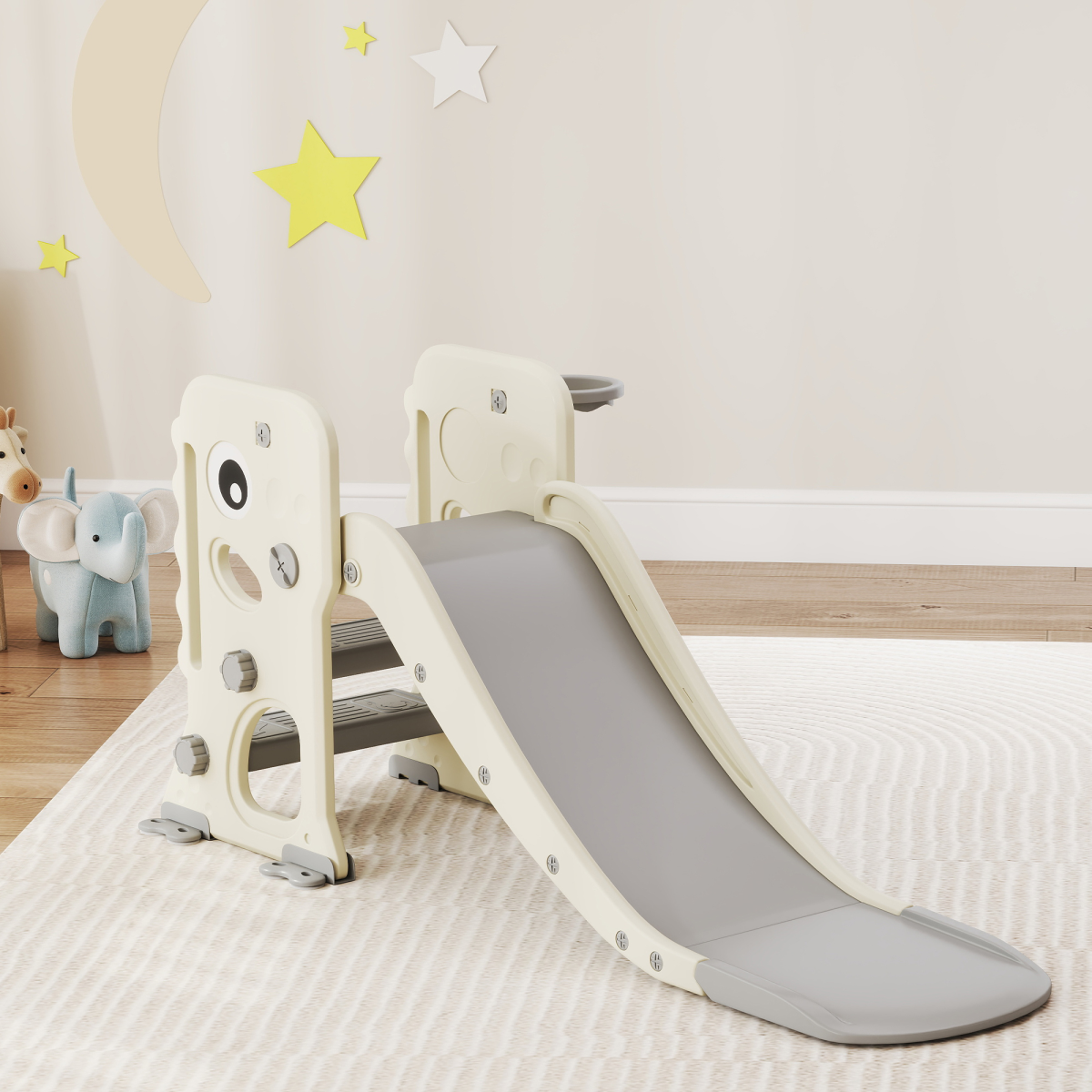 AIYAPLAY Foldable 3-in-1 Kids Slide, Climber & Basketball Hoop