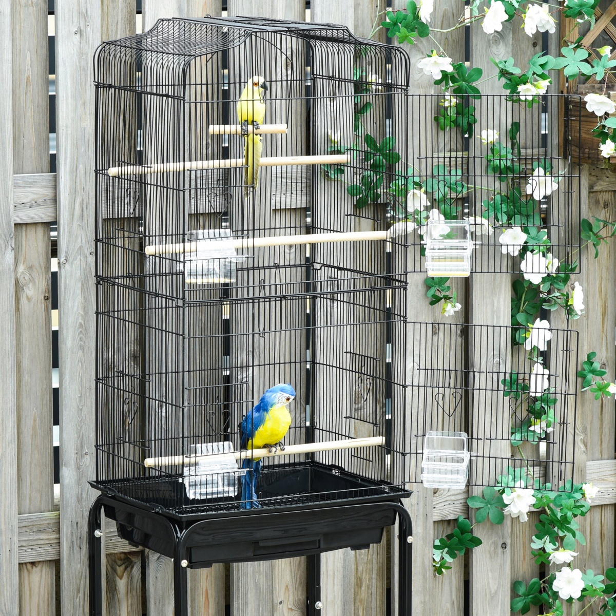 PawHut Metal Bird Cage with Rolling Stand, Slide-Out Tray and Storage Shelf, Black