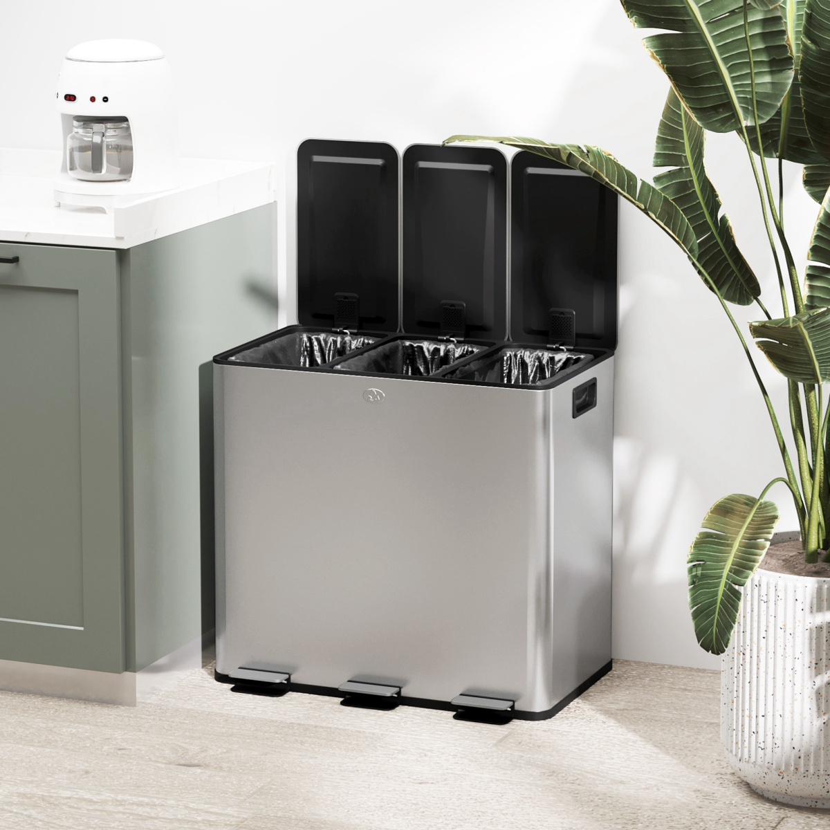 HOMCOM 45L Triple Kitchen Pedal Bin for Recycling and Waste, Silver
