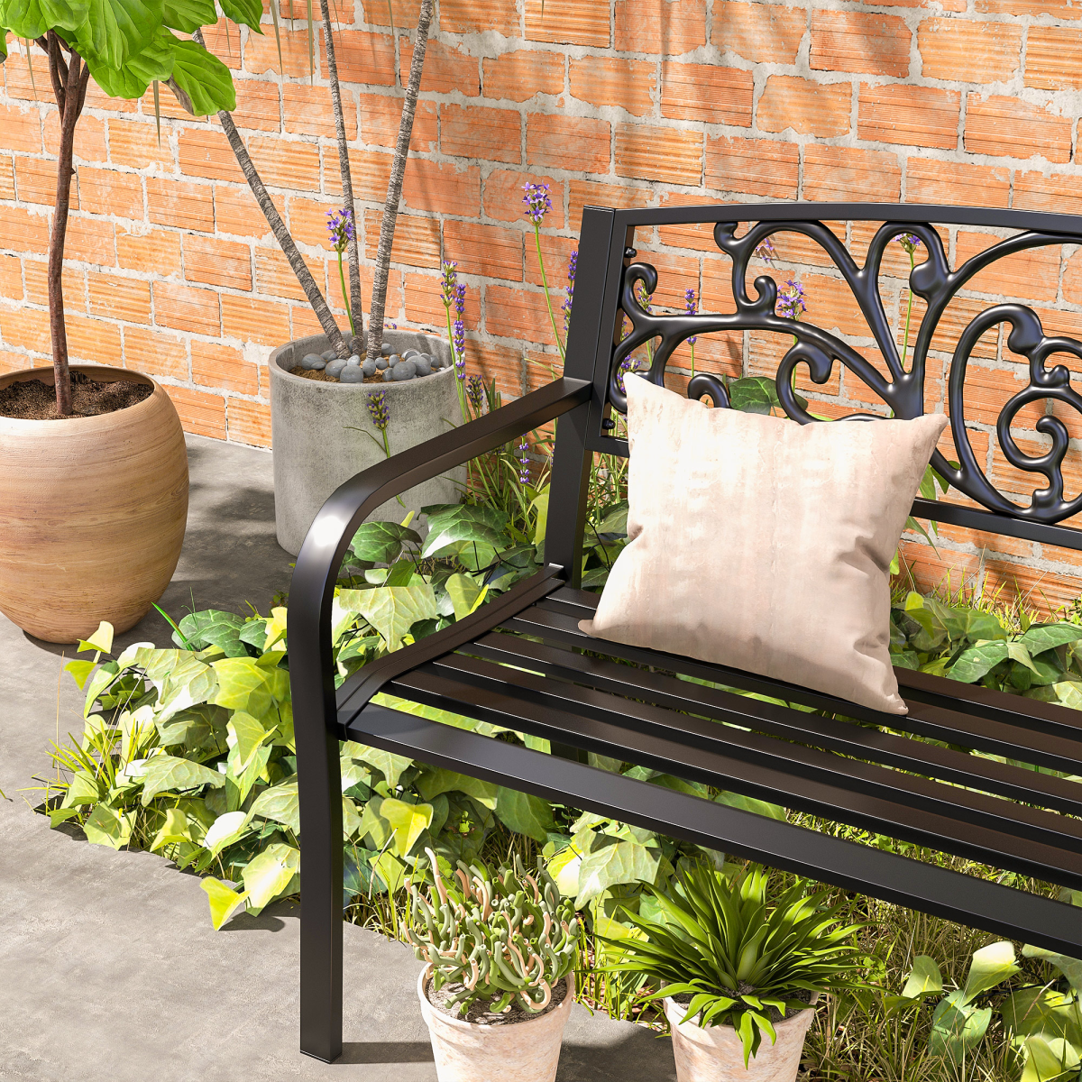 Outsunny 2-Seater Steel Garden Bench with Floral Backrest