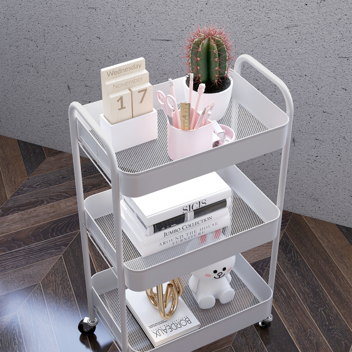 HOMCOM 3-Tier Rolling Utility Cart with Mesh Baskets, White