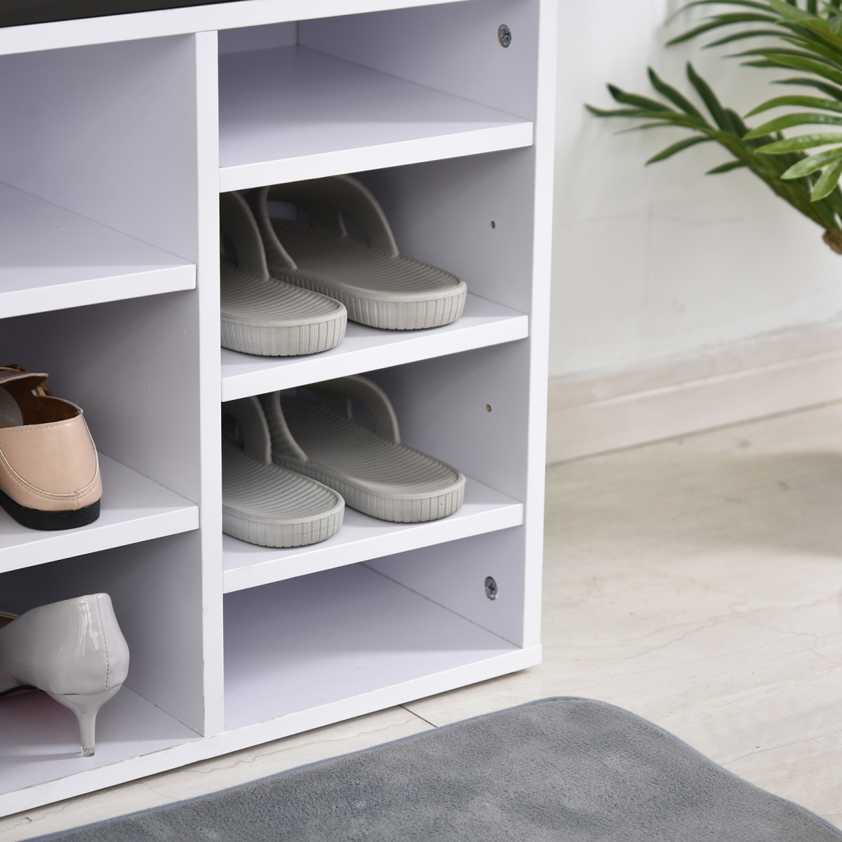 HOMCOM 14-Compartment Shoe Storage Bench with PU Leather Seat, Brown/White