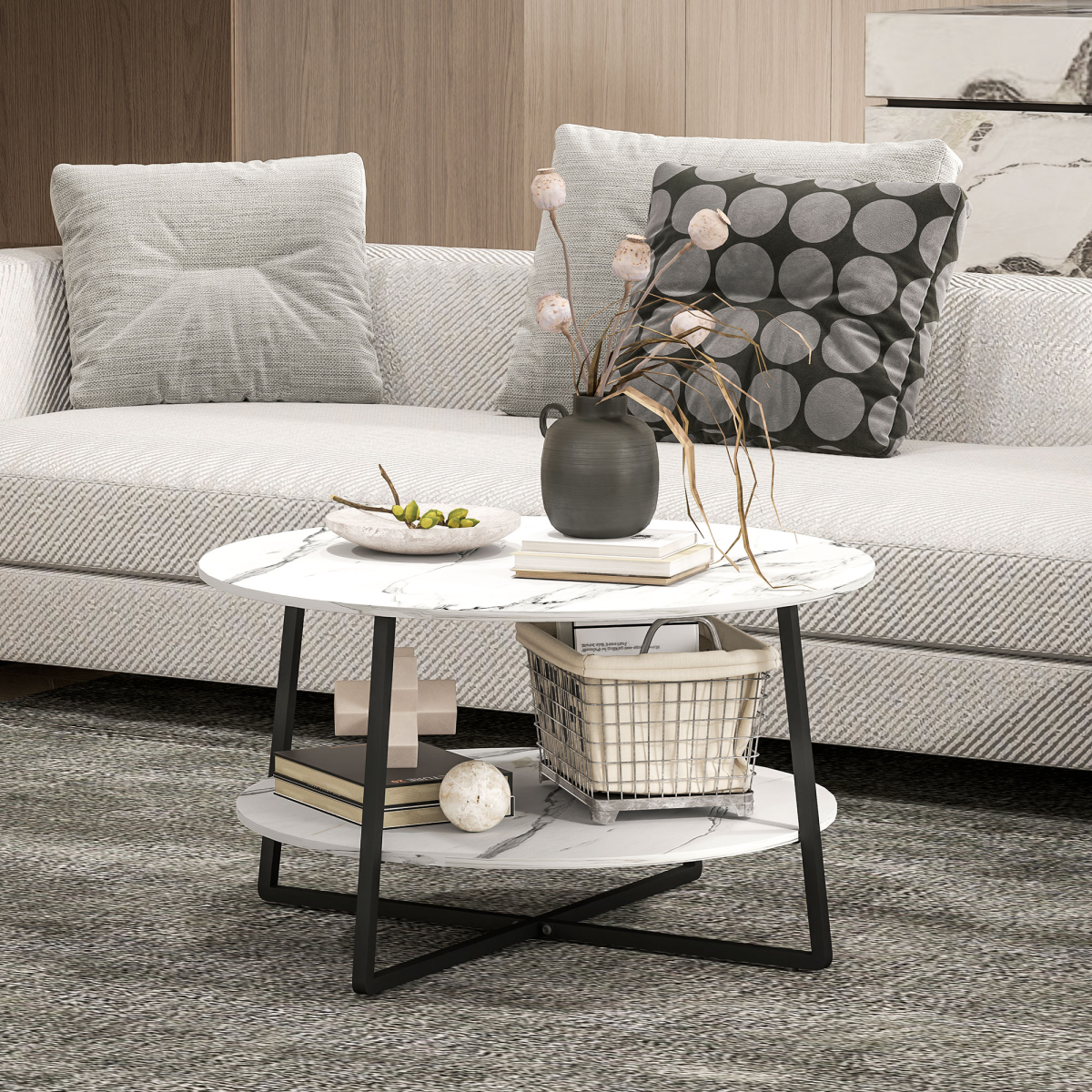 HOMCOM Round Coffee Table with Storage Shelf, Marble-Effect Top, White