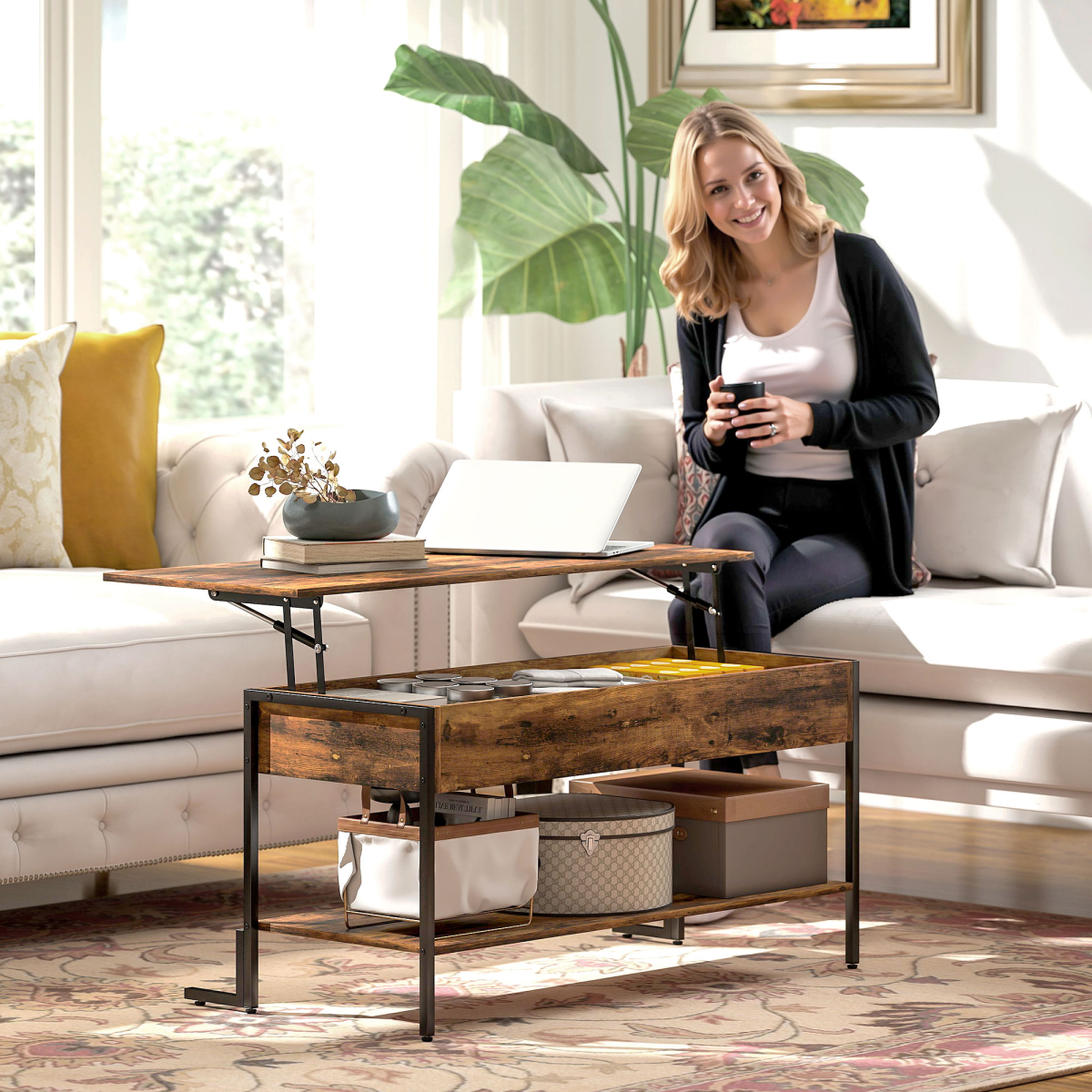 HOMCOM Industrial Lift Top Coffee Table, Storage Shelf, Rustic Brown