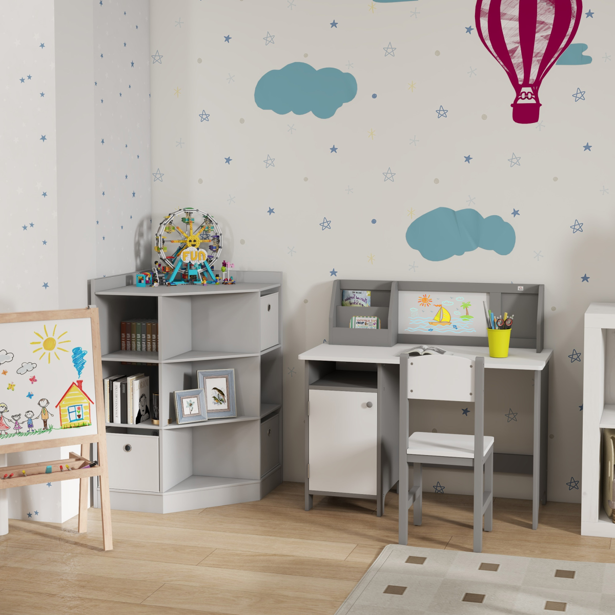 Kids Corner Storage Cabinet with Anti-Tipping Hardware, 9-Compartment Organizer with Drawers, HOMCOM