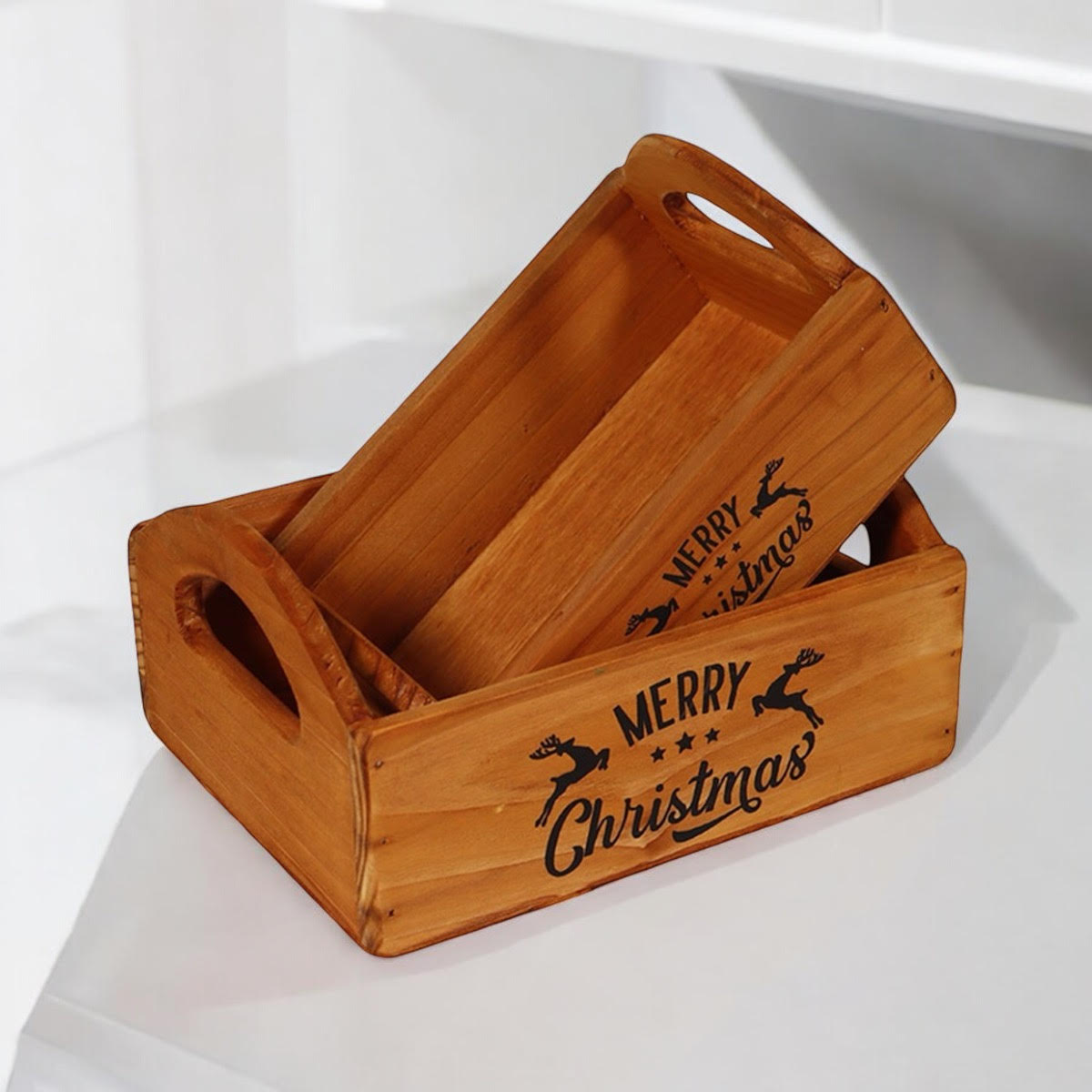 Set of 2 Hand Finished Wooden Christmas Boxes for Santa Treats