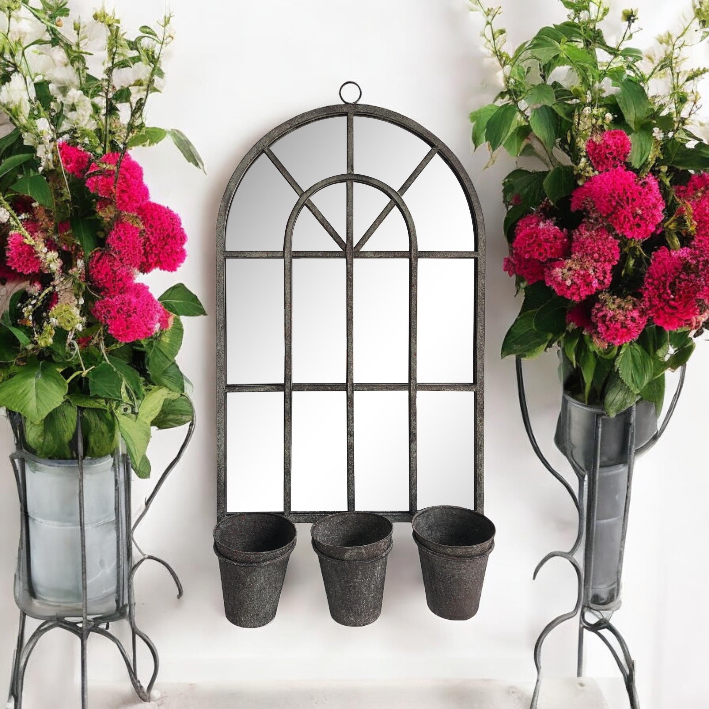 78cm Rusty Wall Mirror with Triple Planter Holders and Pots