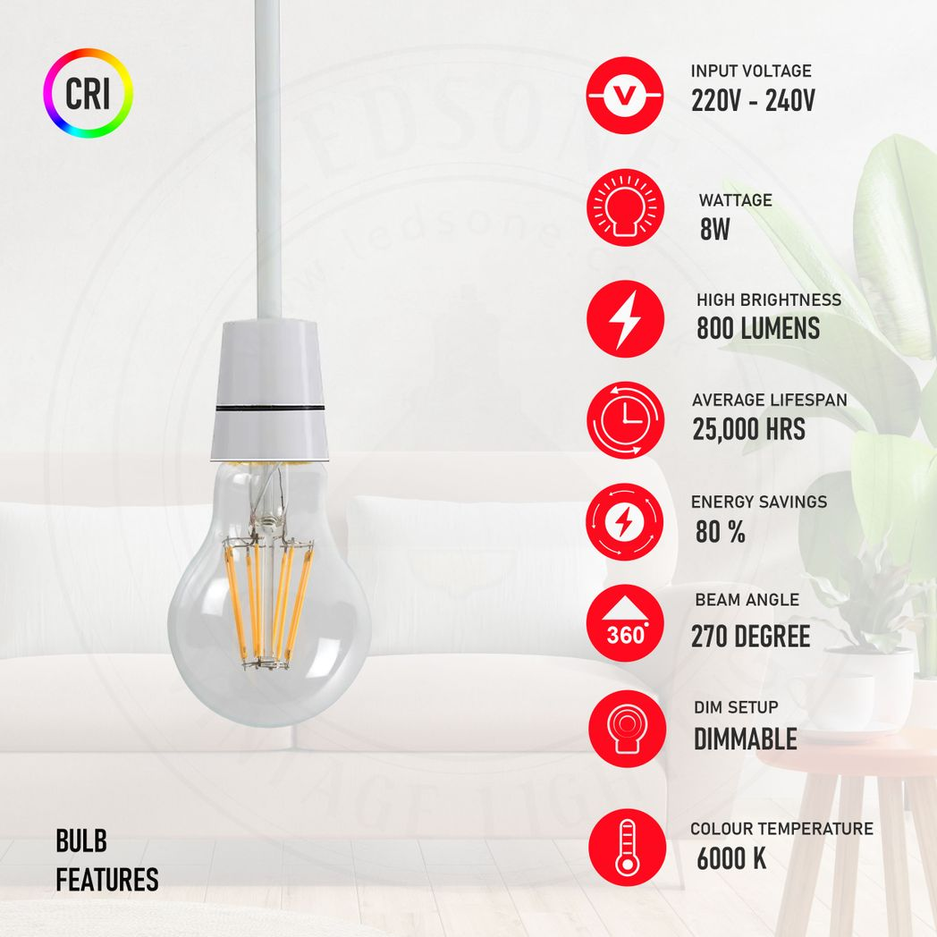 2 Pack A60 B22 Dimmable LED Filament Vintage Bulbs, 6000K Cool White
