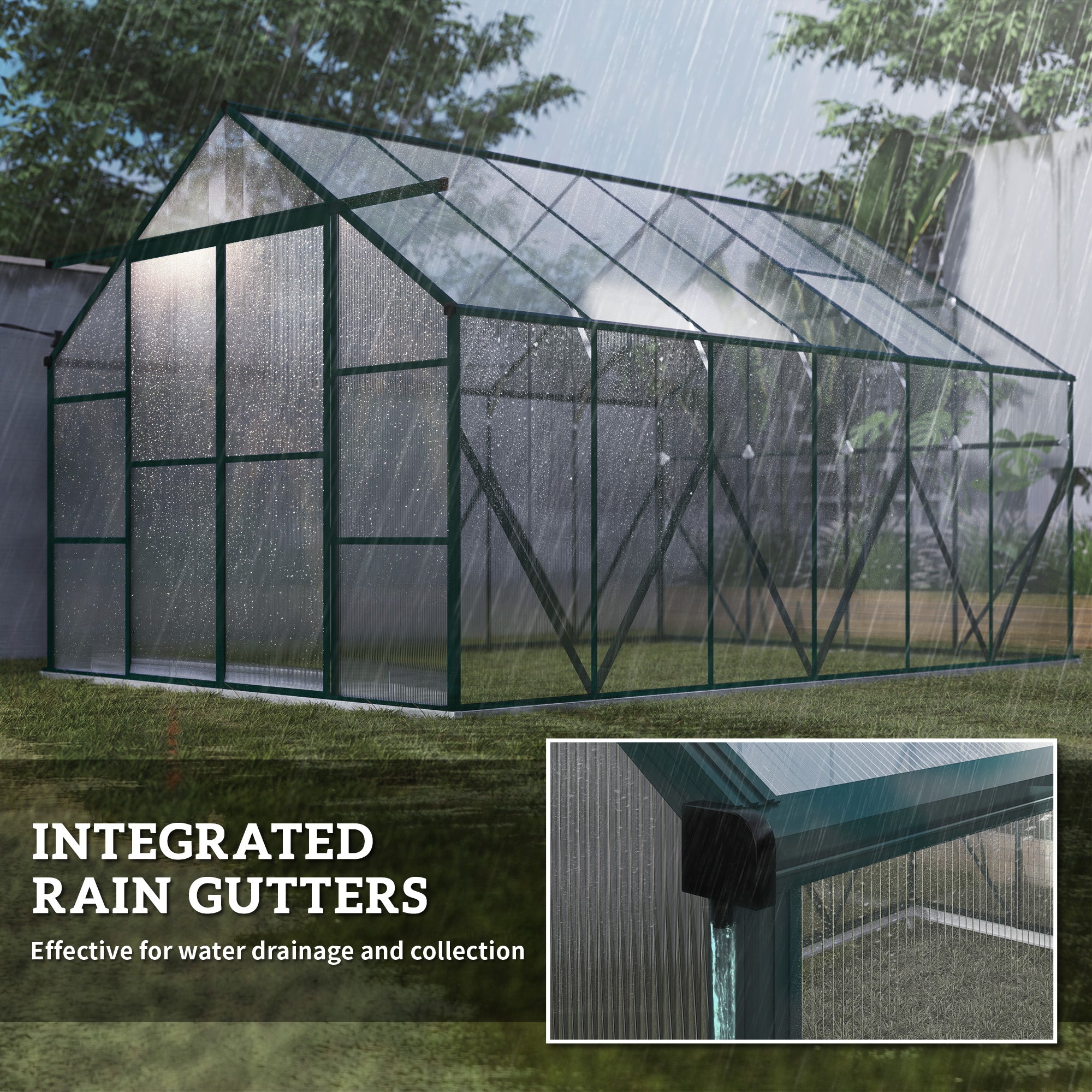 12x8ft Walk-In Polycarbonate Greenhouse with Double Sliding Doors