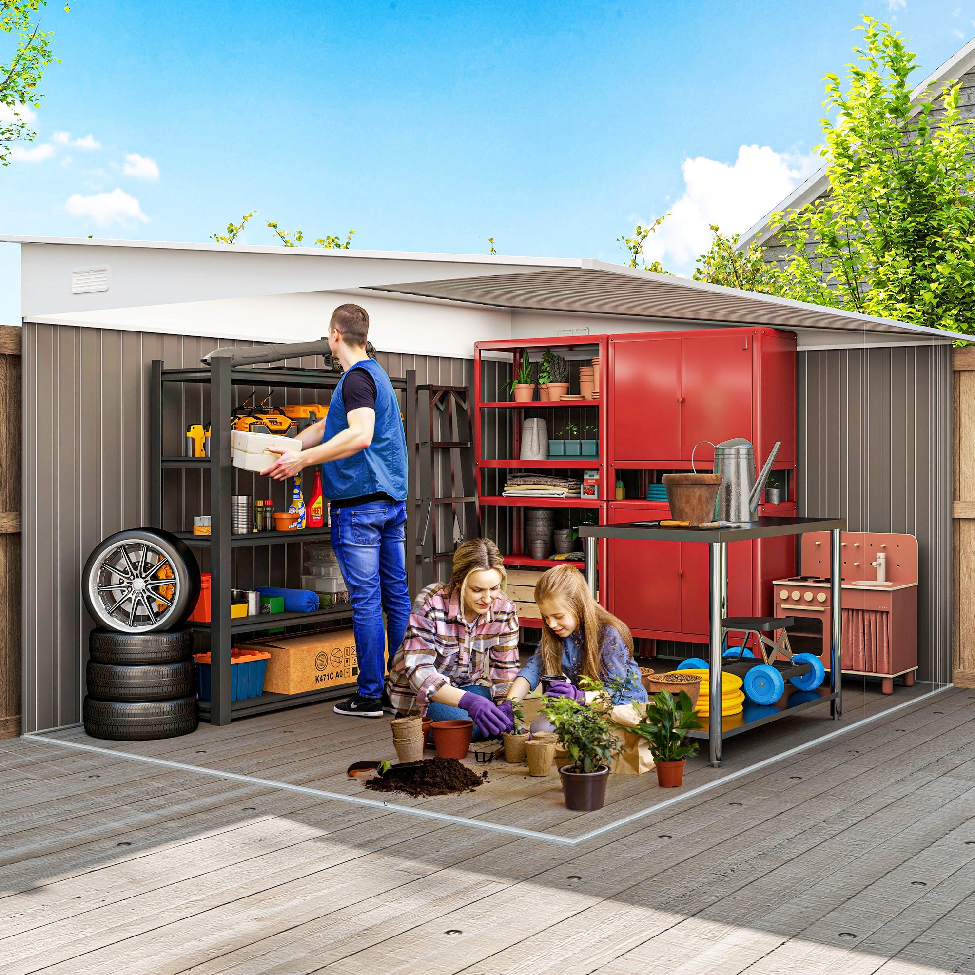 Outsunny 11.3 x 9.2ft Steel Garden Shed with Double Sliding Doors, 2 Air Vents, Grey