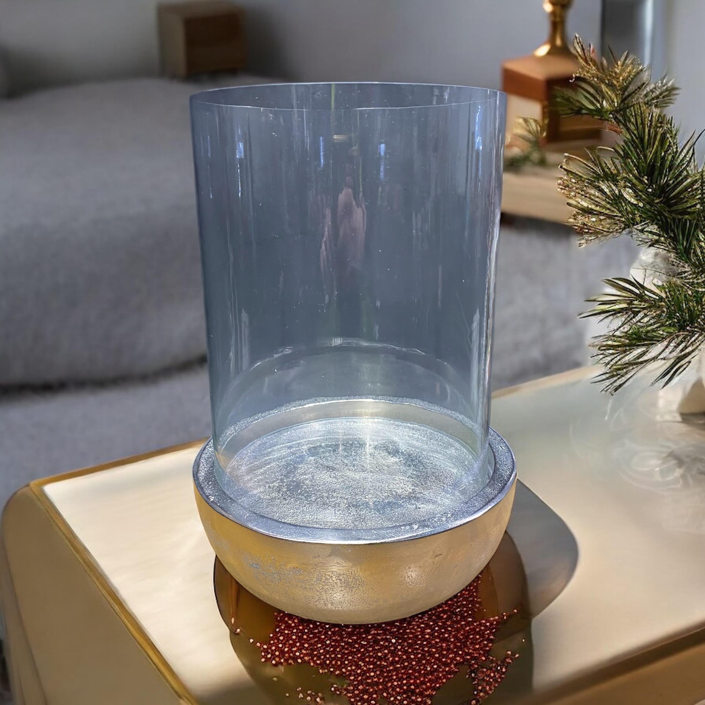 MSL 32cm Nickel Plated Hand-Finished Hurricane Candle Holder, Distressed Finish