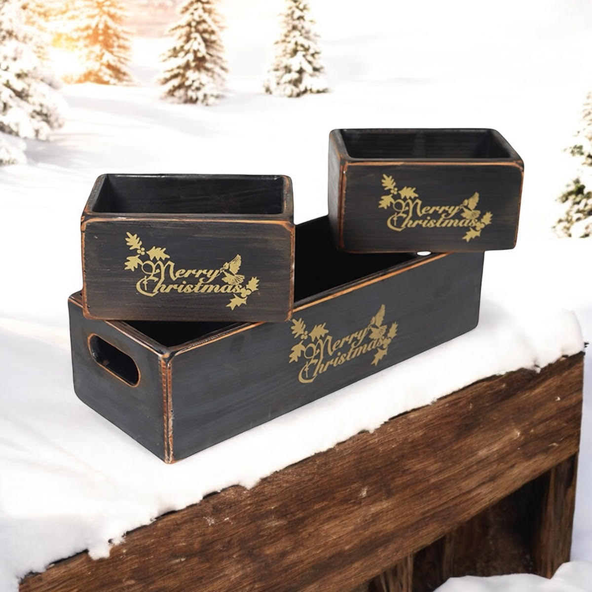 Set of 3 Hand Finished Black Christmas Wooden Boxes 34/15/15cm