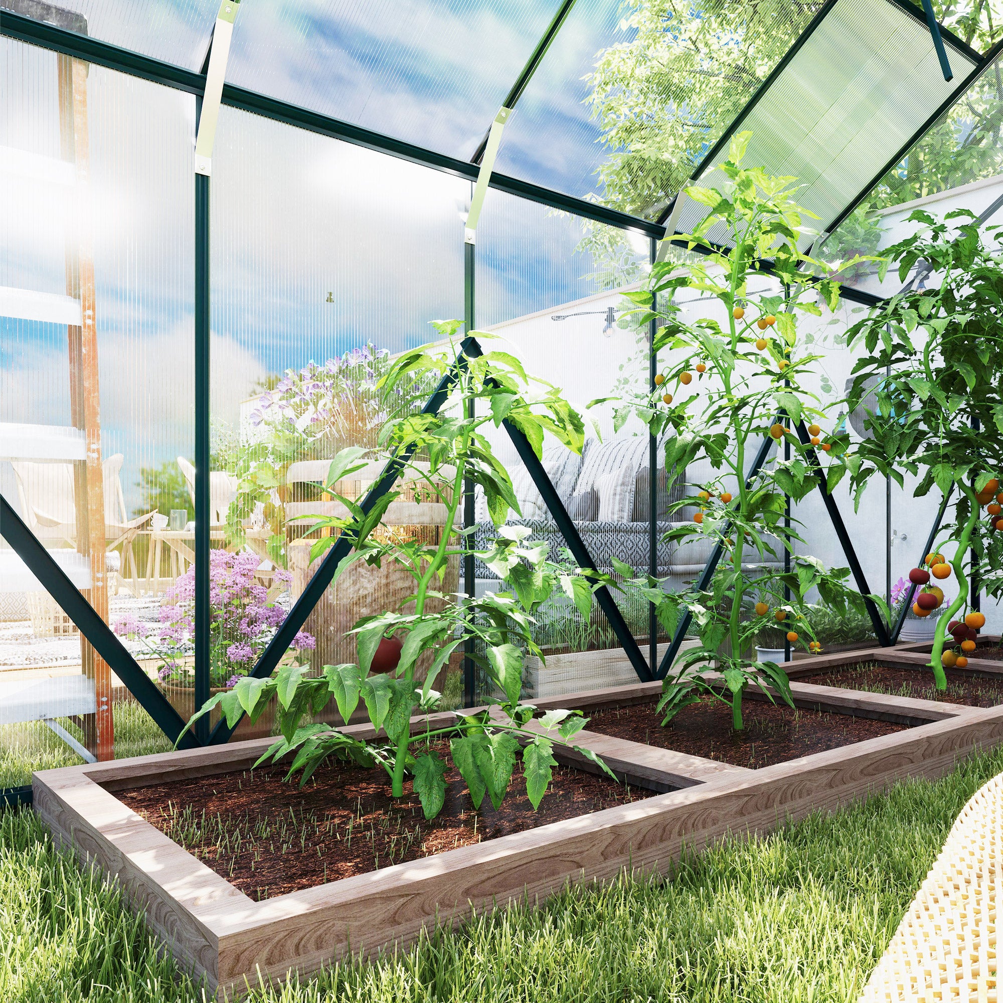 12x8ft Walk-In Polycarbonate Greenhouse with Double Sliding Doors