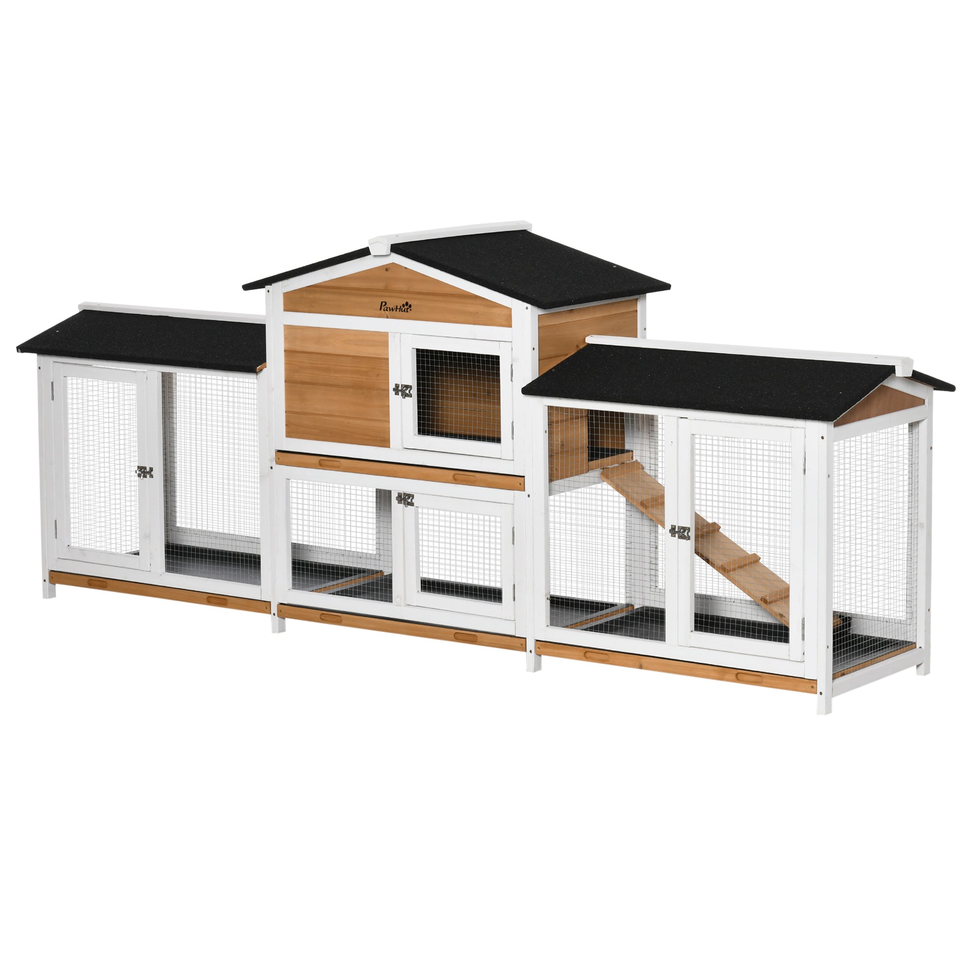 Two-Tier Wooden Rabbit Hutch with Two Runs, Slide-Out Tray, Ramp, and Lockable Doors