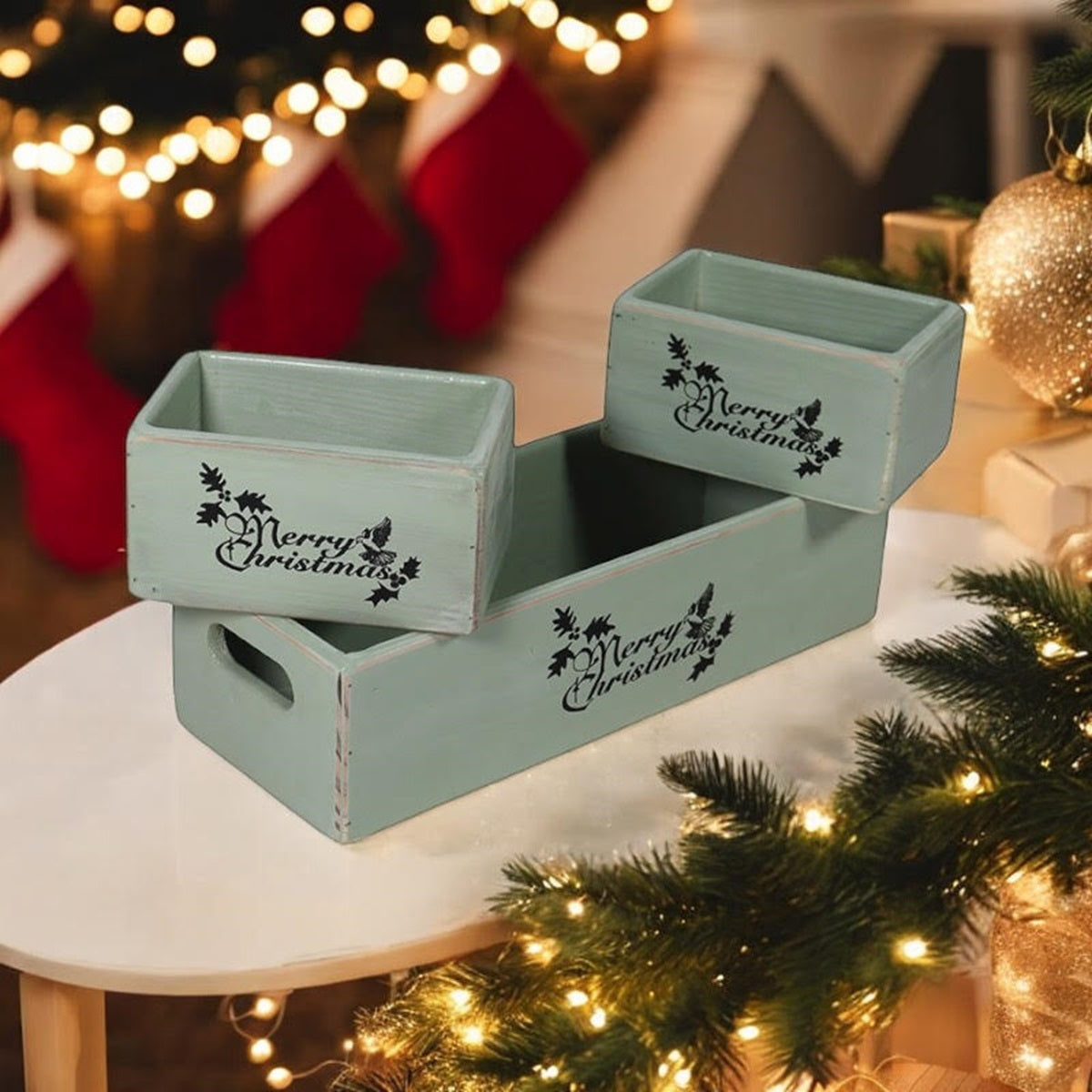 Set of 3 Rustic Green Wooden Christmas Boxes, 34/15/15CM, Hand Finished, Ready to Fill
