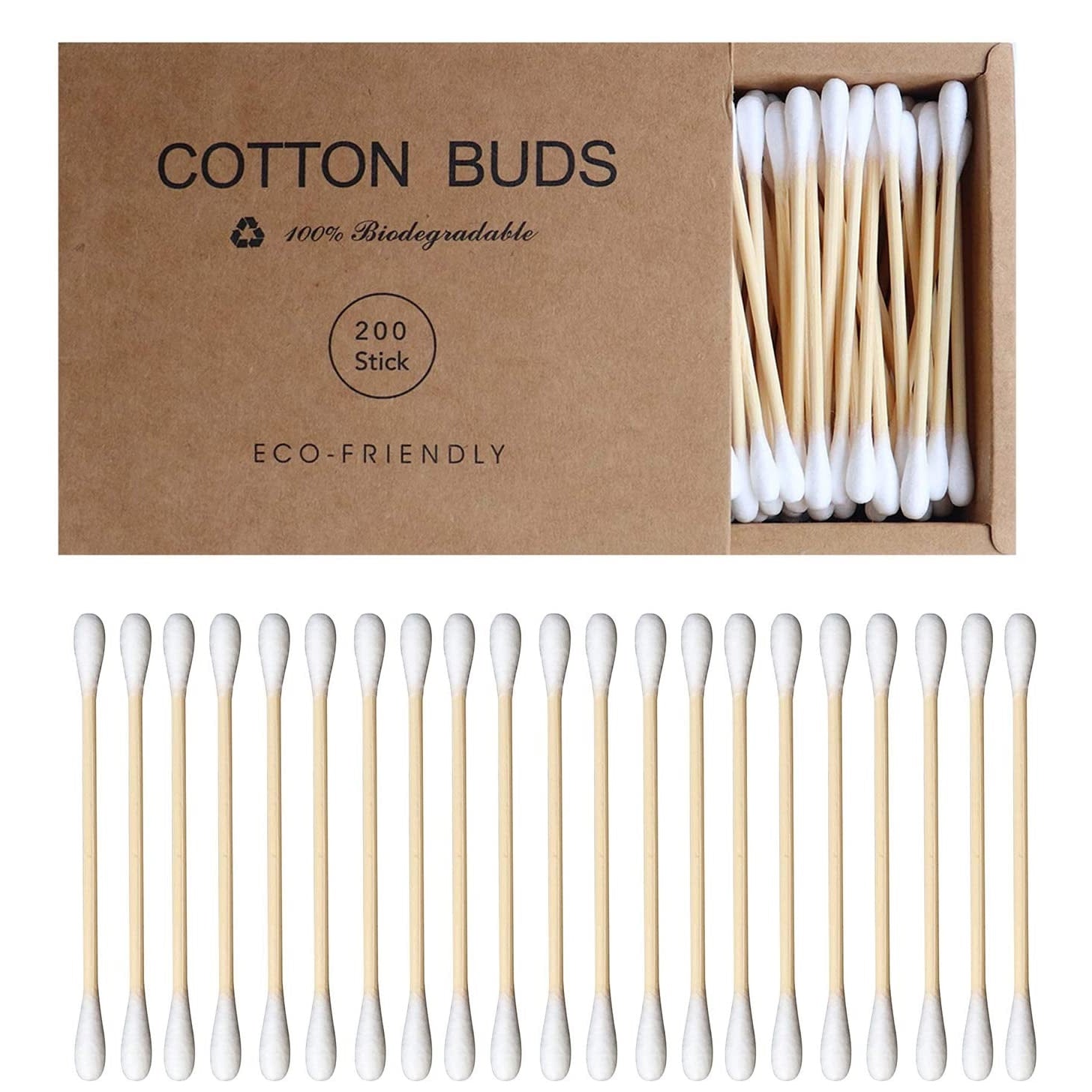 box of bamboo earbuds 200 pack with box open showing q-tips
