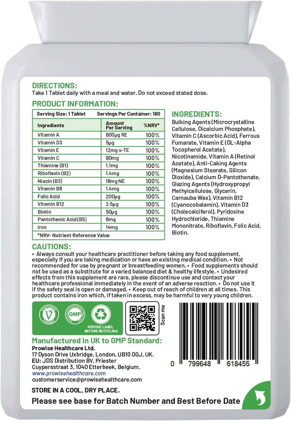 Prowise Healthcare Multivits and Iron+ Tablets, 180 Tablets