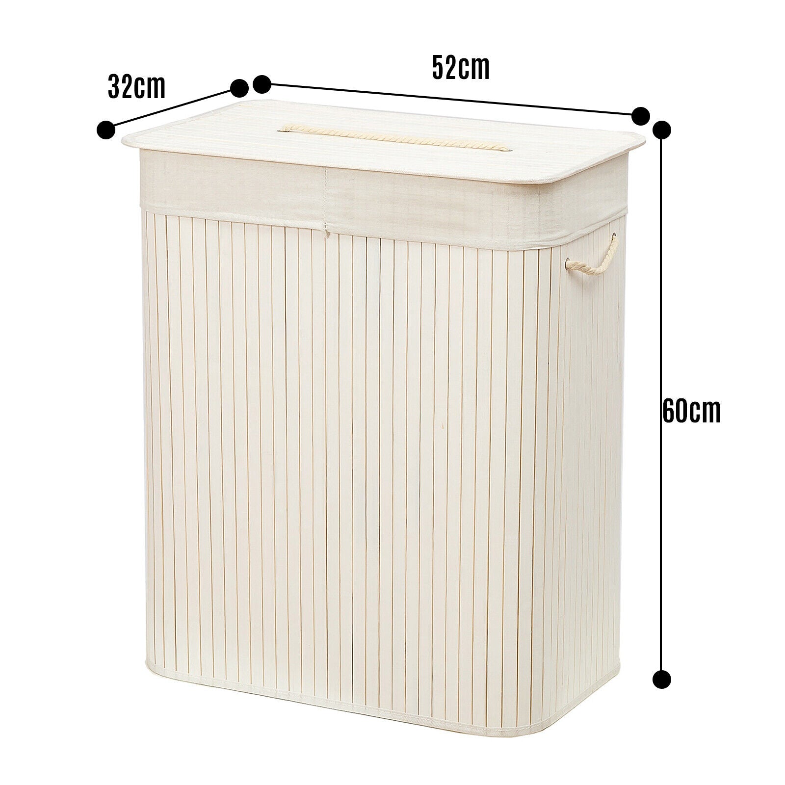 Rectangular Bamboo Laundry Basket with Lid and Rope Handles, White