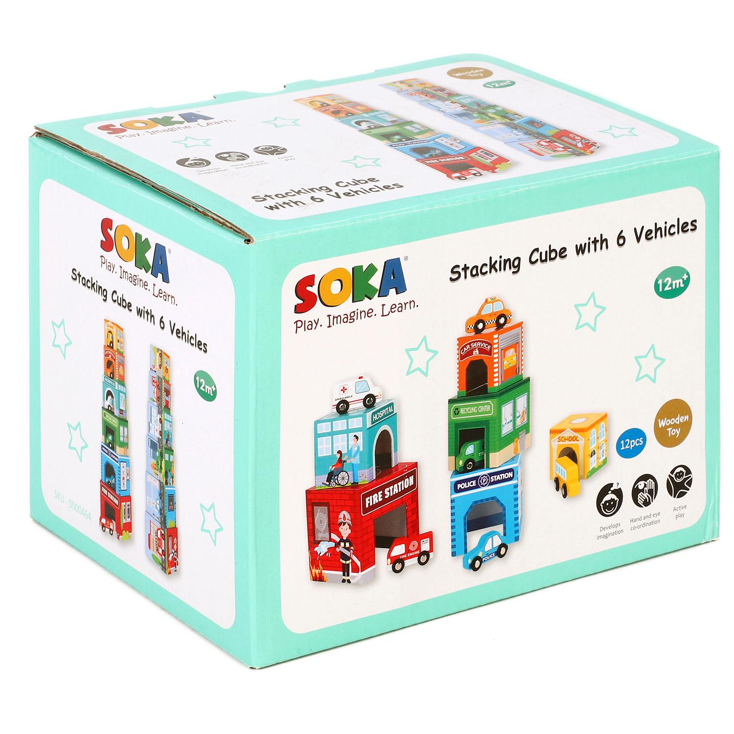 SOKA Stacking Cube Toy Playset with 6 Vehicles
