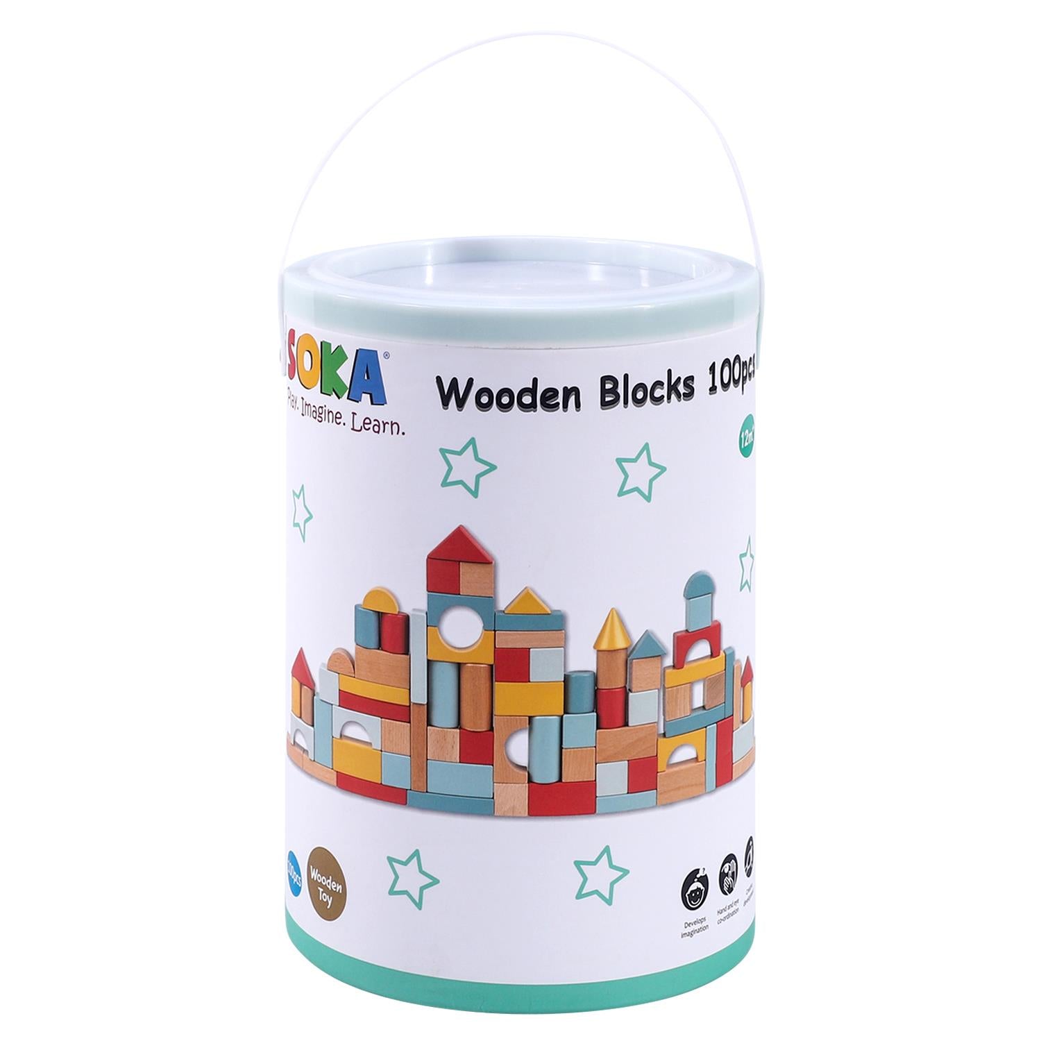 SOKA 100-Piece Wooden Building Blocks Set in Neutral Colours with Storage Tub