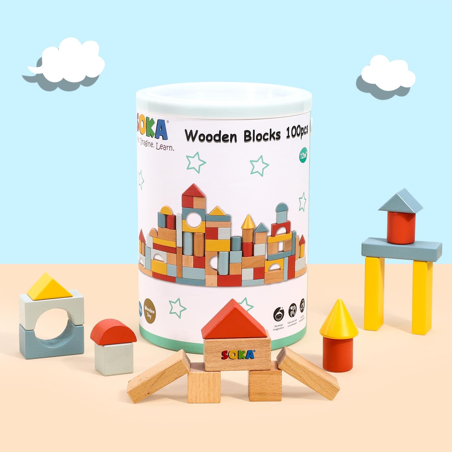 SOKA 100-Piece Wooden Building Blocks Set in Neutral Colours with Storage Tub