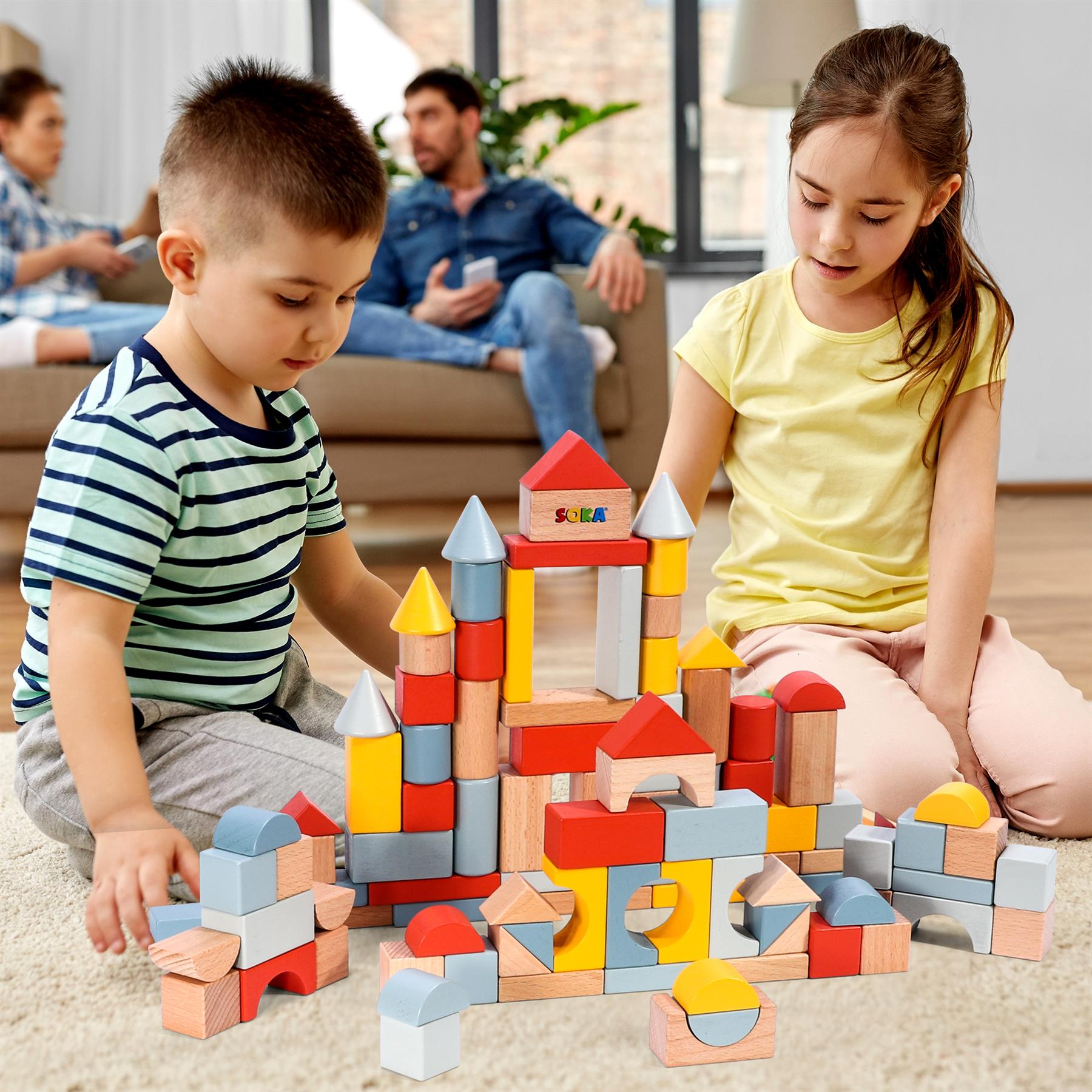 SOKA 100-Piece Wooden Building Blocks Set in Neutral Colours with Storage Tub