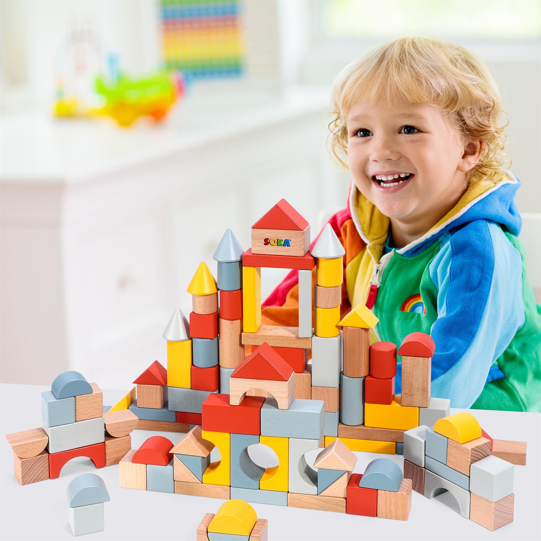 SOKA 100-Piece Wooden Building Blocks Set in Neutral Colours with Storage Tub