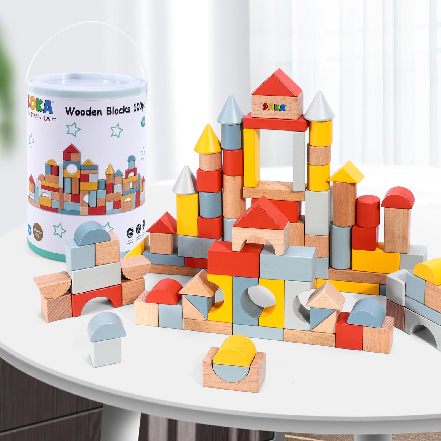 SOKA 100-Piece Wooden Building Blocks Set in Neutral Colours with Storage Tub