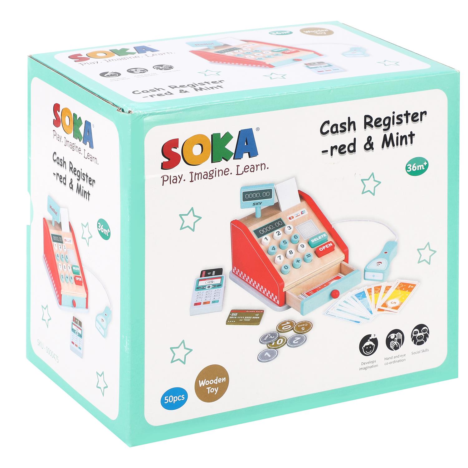 SOKA Play Imagine Learn Wooden Cash Register Playset, Red and Mint