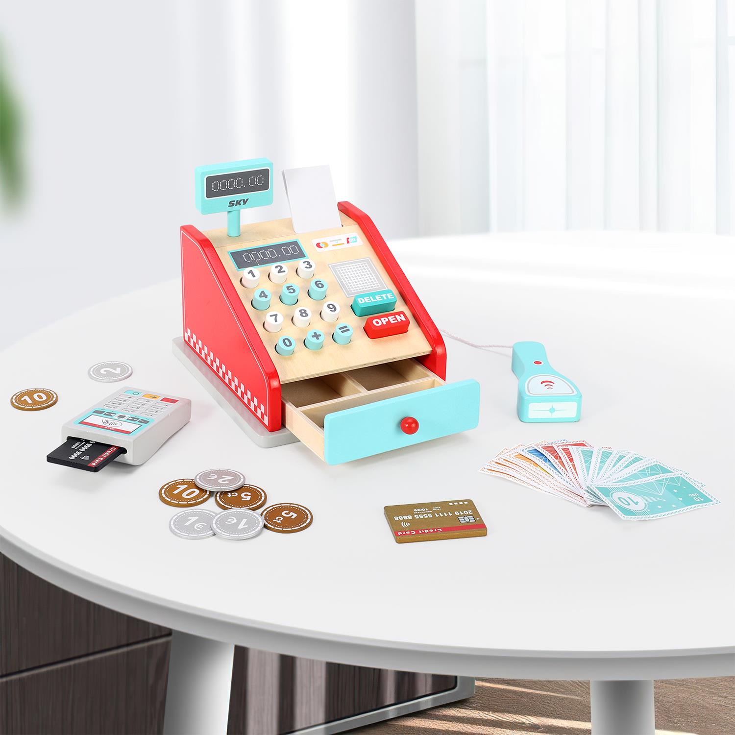 SOKA Play Imagine Learn Wooden Cash Register Playset, Red and Mint