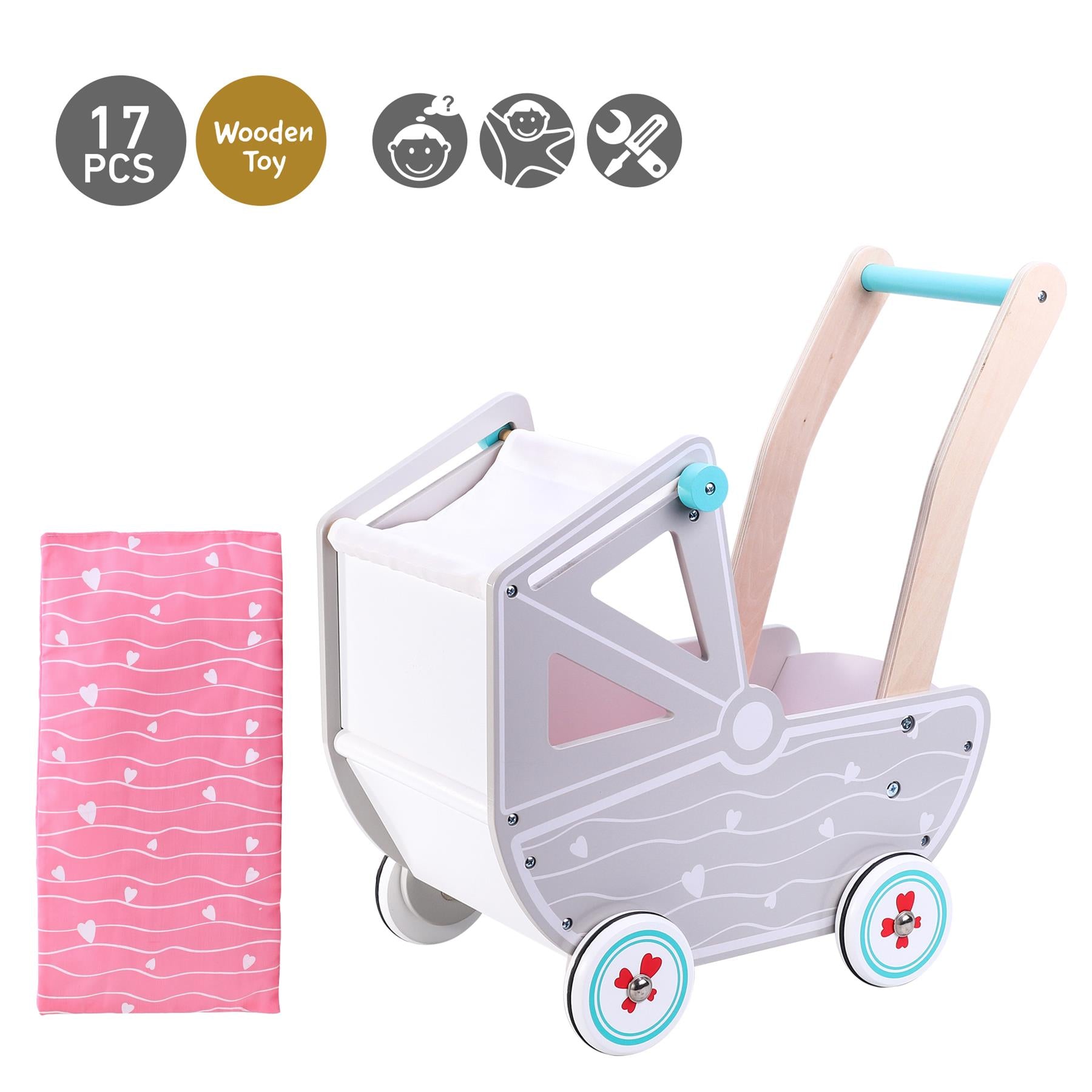 SOKA Wooden Doll Pram with Bedding