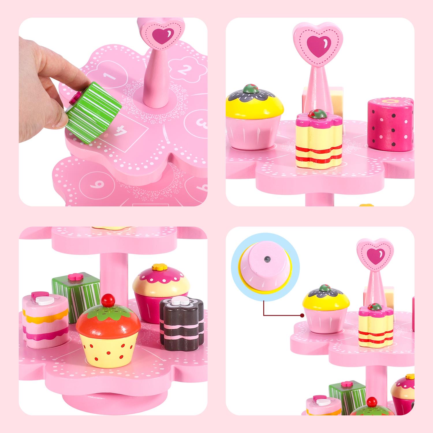 SOKA Magnetic Heart Cake Stand Wooden Pretend Play Tea Party Toy