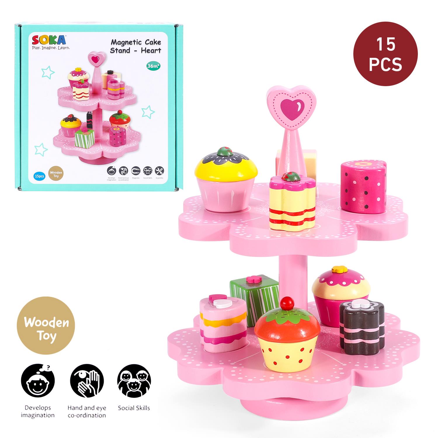 SOKA Magnetic Heart Cake Stand Wooden Pretend Play Tea Party Toy