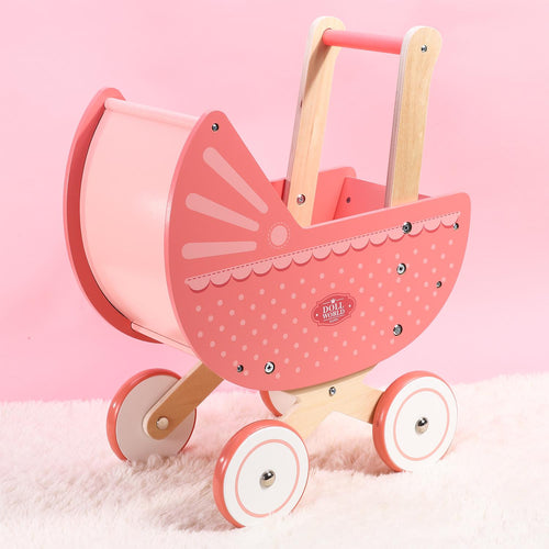 SOKA Wooden Pink Doll Pram with Bedding