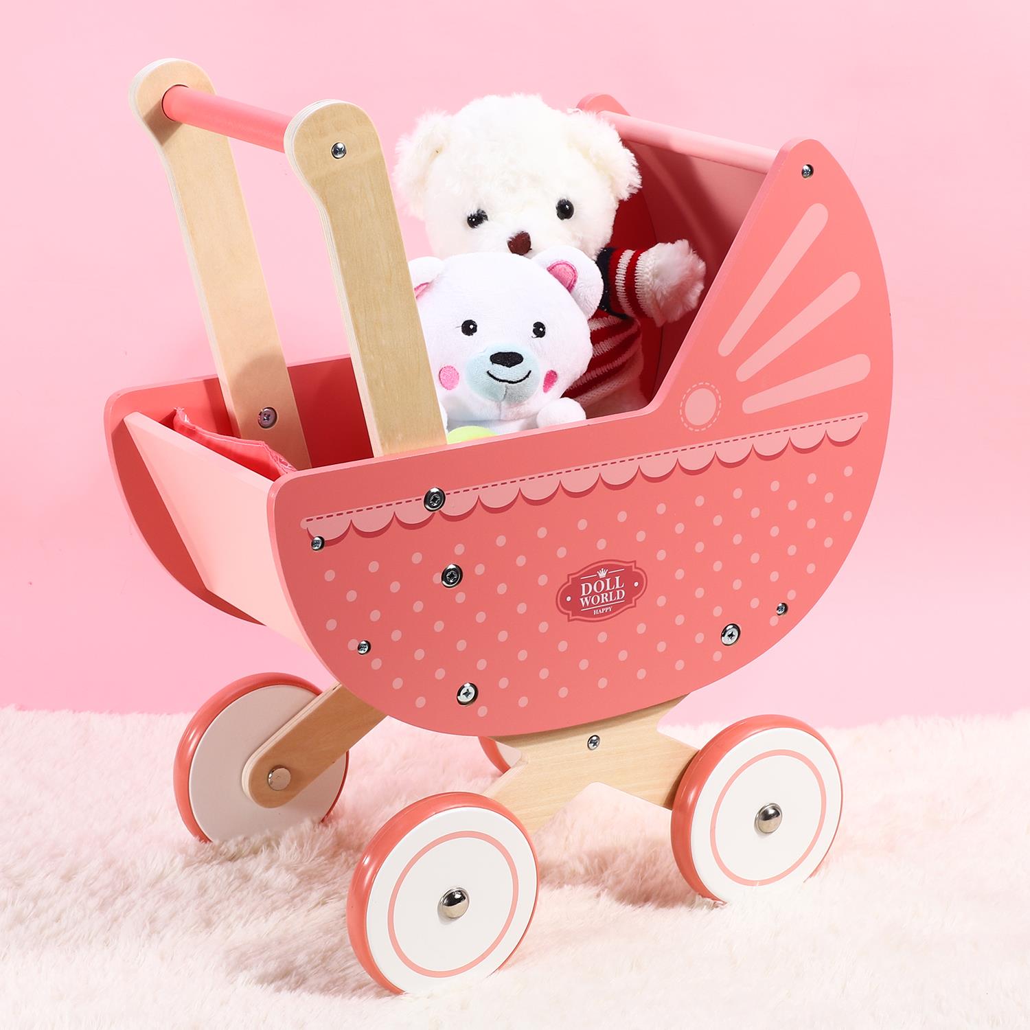 SOKA Wooden Pink Doll Pram with Bedding