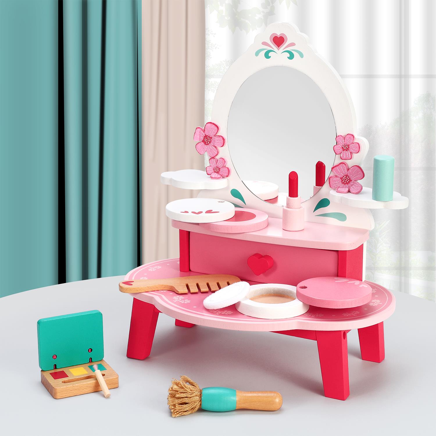 SOKA Wooden Dressing Table Top Vanity Mirror Beauty Set with Makeup Accessories