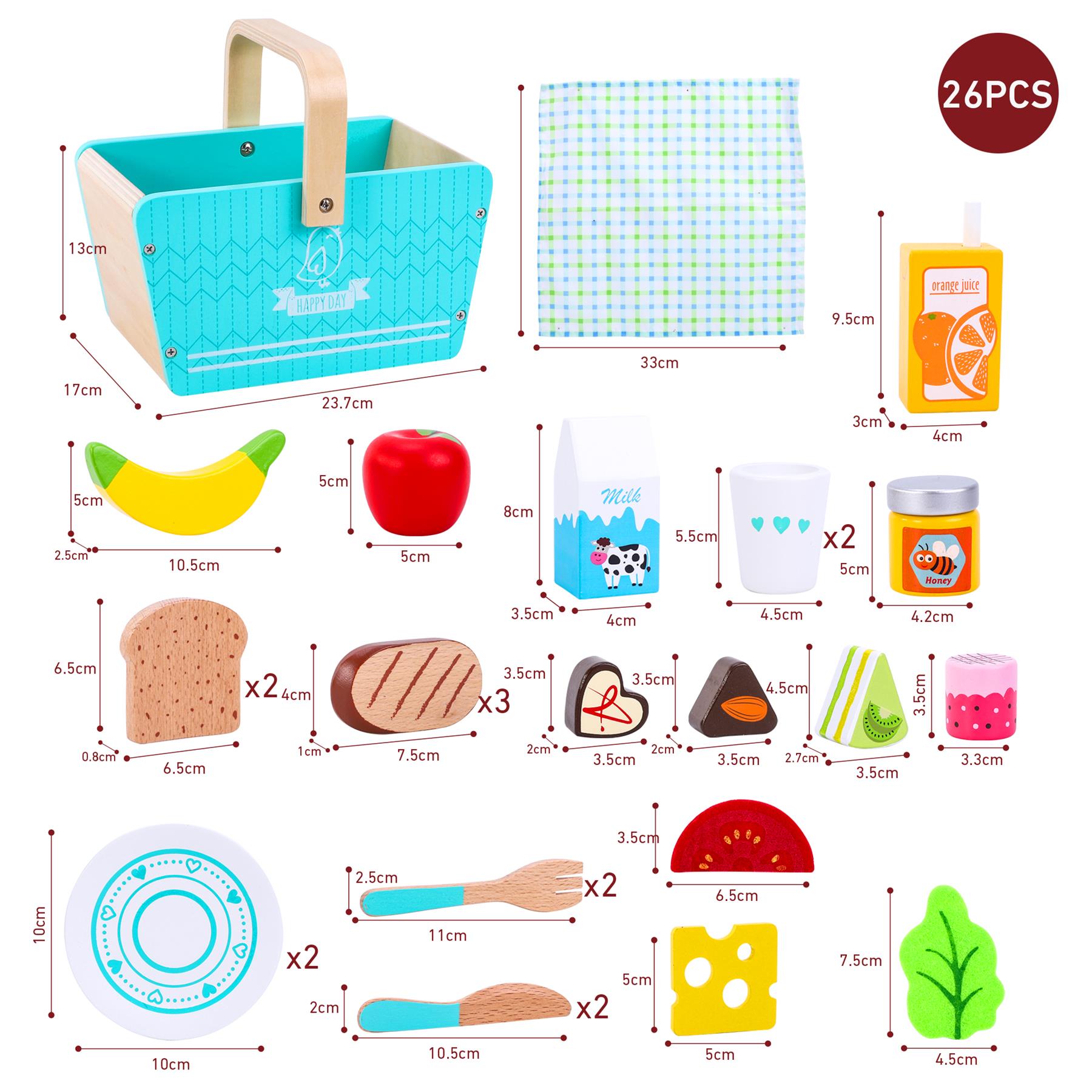 SOKA Happy Day Picnic Wooden Toy Picnic Basket Playset with Pretend Food, Tableware and Picnic Blanket