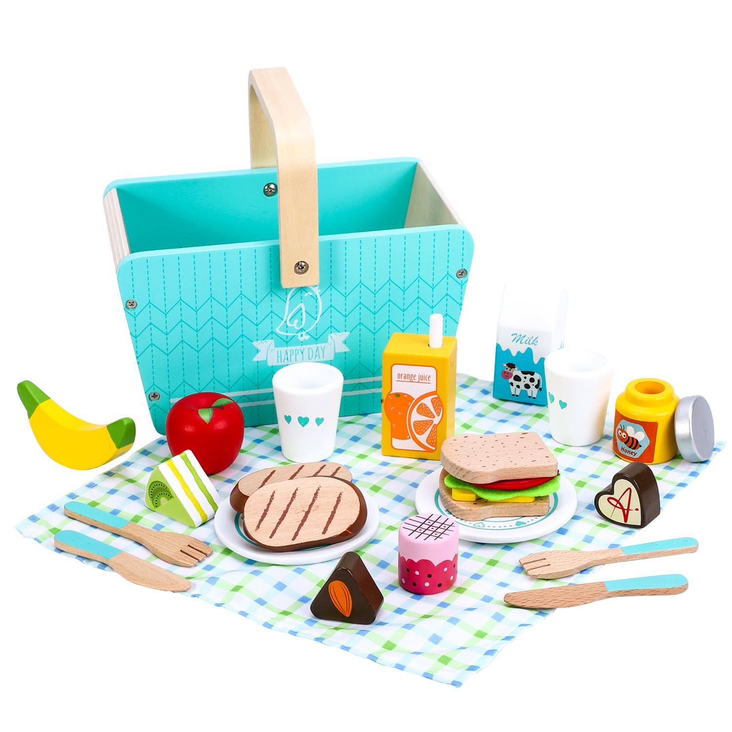 SOKA Happy Day Picnic Wooden Toy Picnic Basket Playset with Pretend Food, Tableware and Picnic Blanket