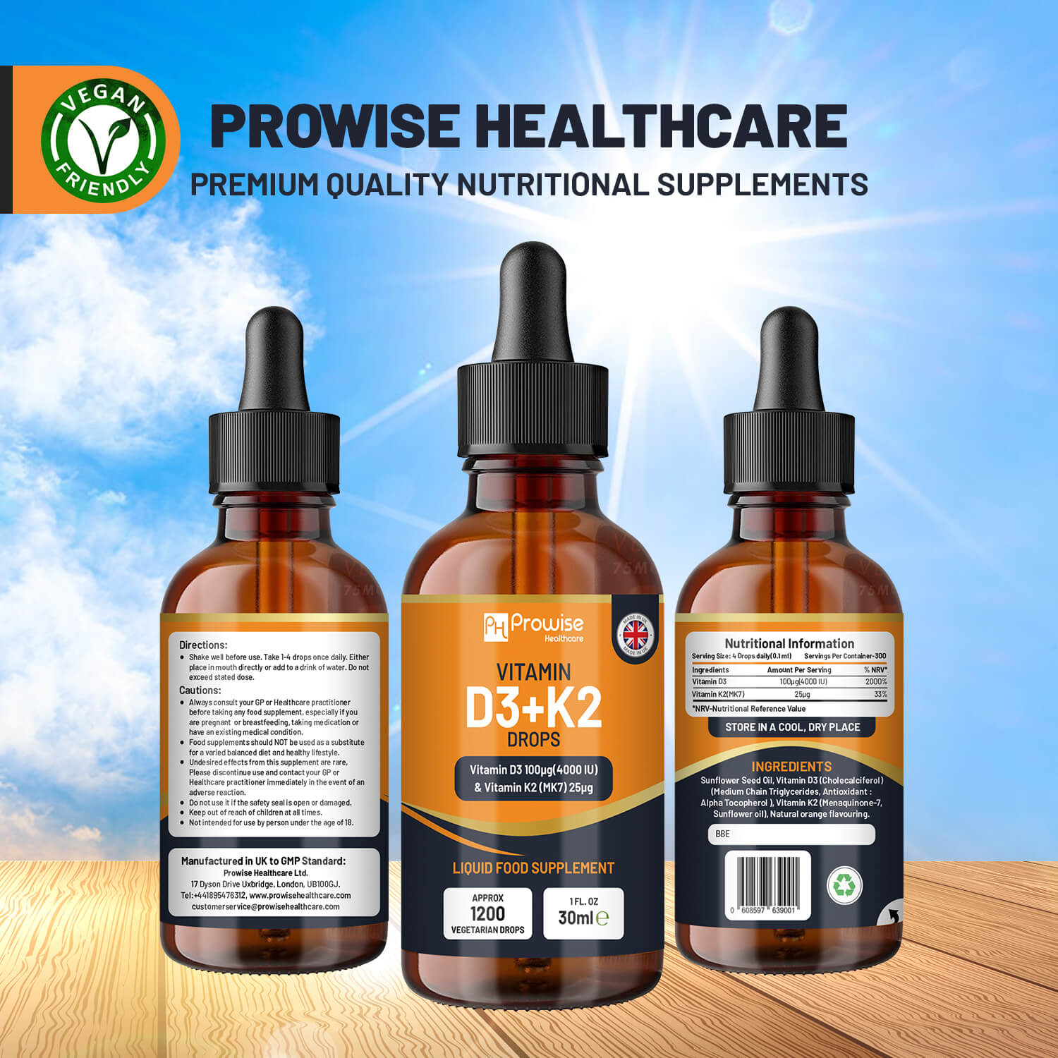 Prowise Healthcare Vitamin D3 4000IU + K2 MK7 Orange Liquid Drops 30ml