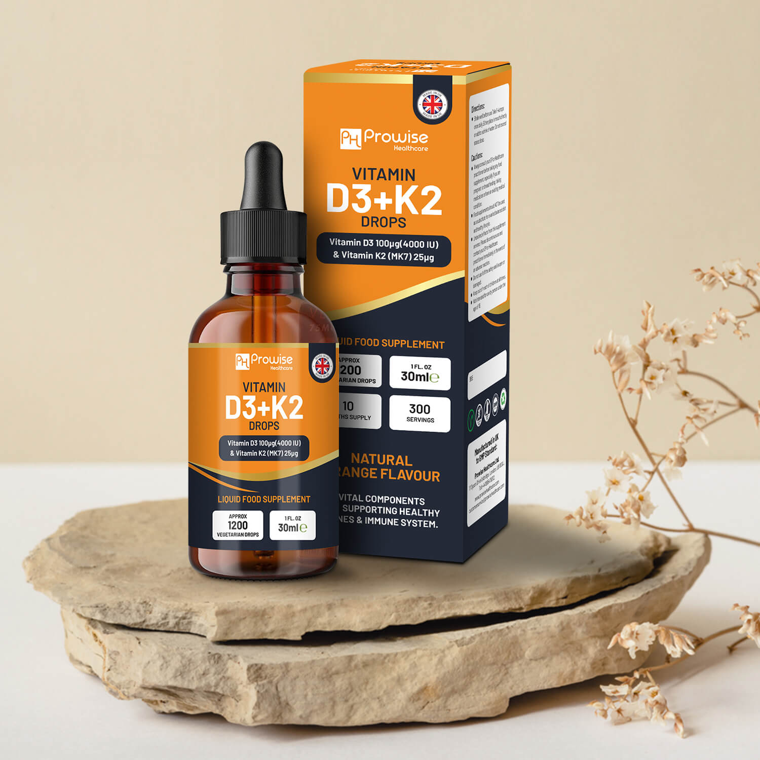 Prowise Healthcare Vitamin D3 4000IU + K2 MK7 Orange Liquid Drops 30ml