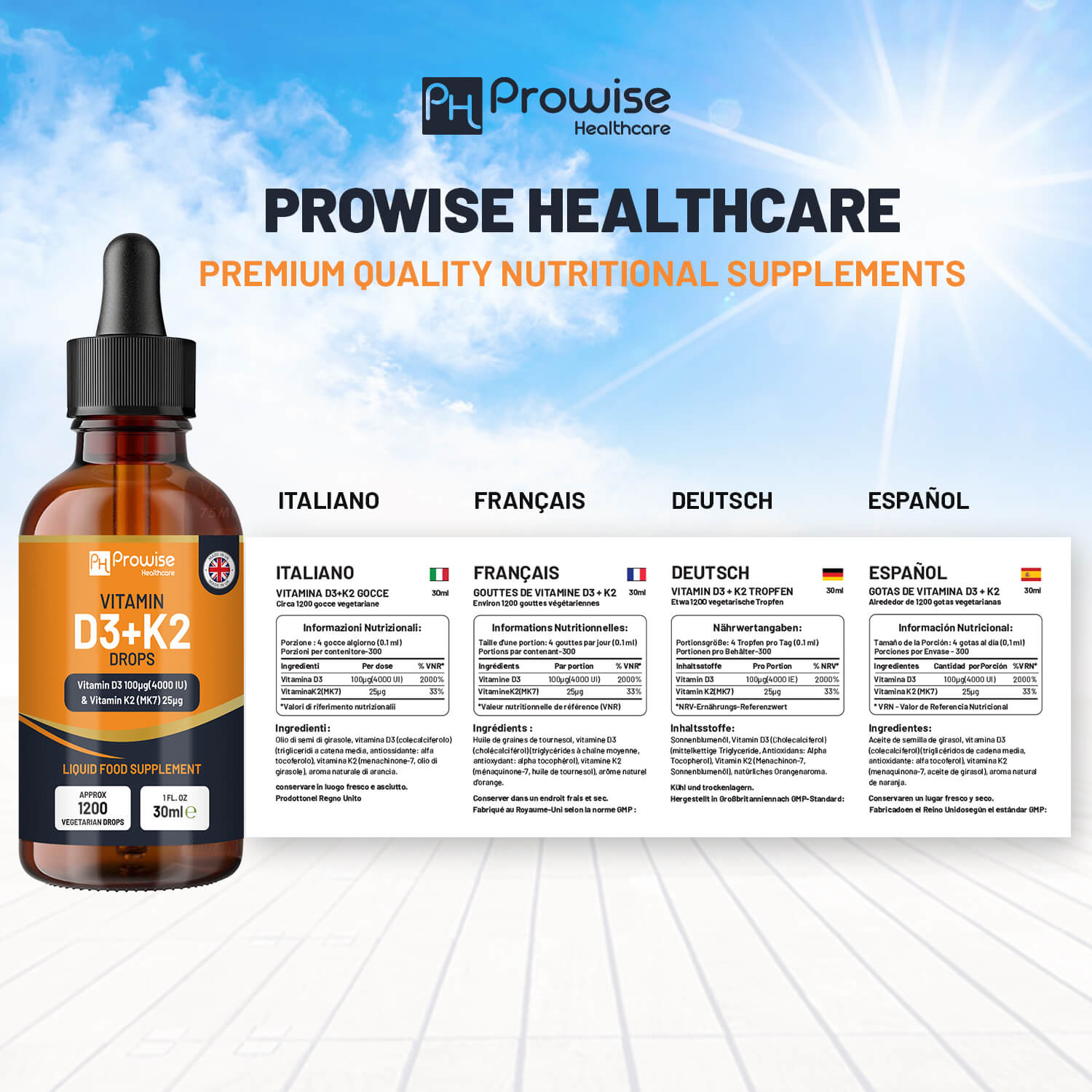 Prowise Healthcare Vitamin D3 4000IU + K2 MK7 Orange Liquid Drops 30ml