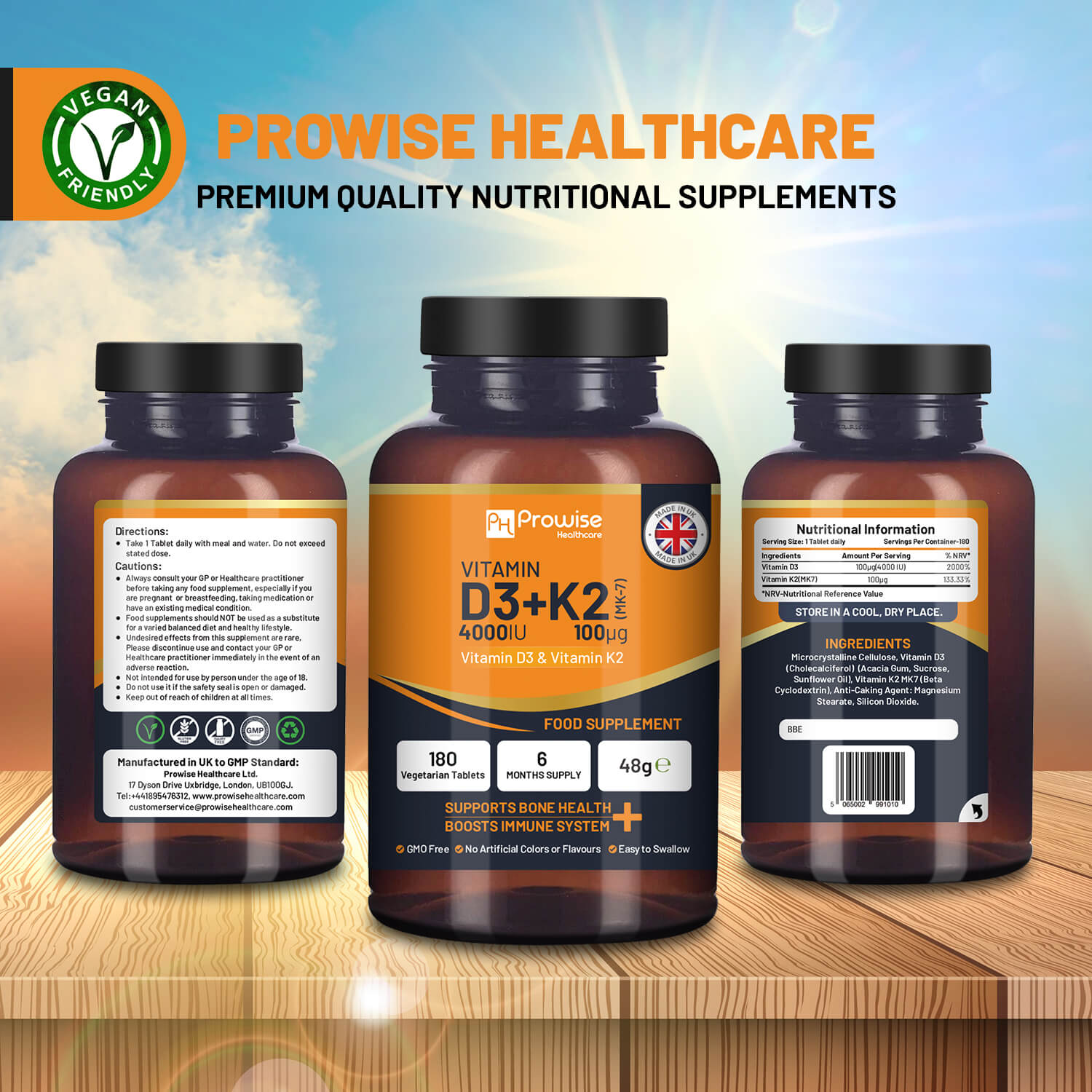 Prowise Healthcare Vitamin D3 4000IU + K2 MK7 100µg, 180 Vegetarian Tablets