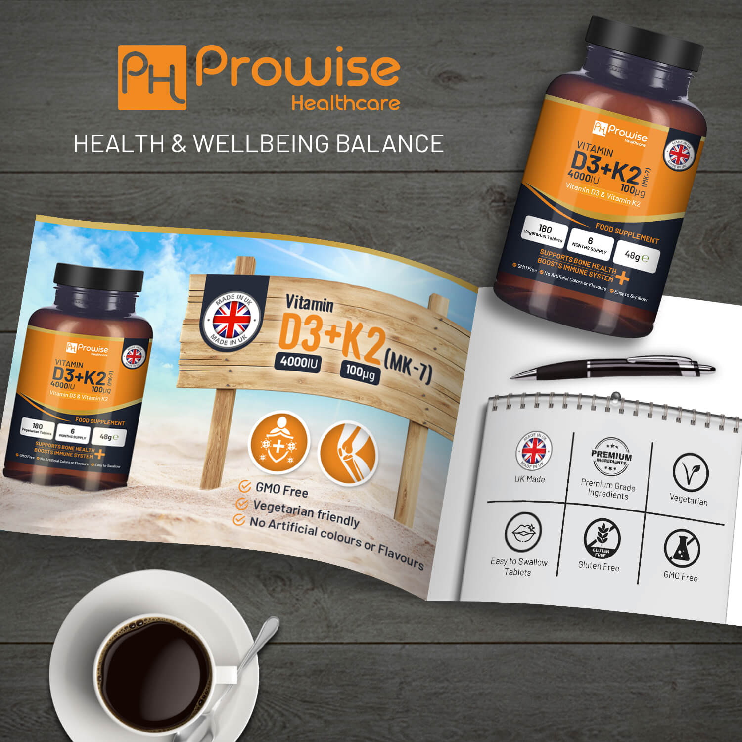 Prowise Healthcare Vitamin D3 4000IU + K2 MK7 100µg, 180 Vegetarian Tablets