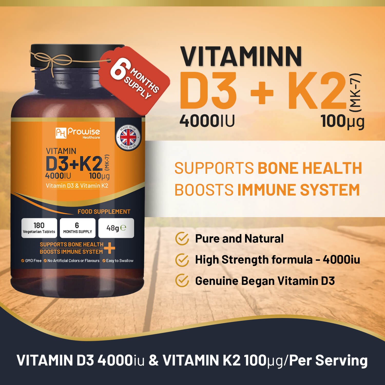 Prowise Healthcare Vitamin D3 4000IU + K2 MK7 100µg, 180 Vegetarian Tablets