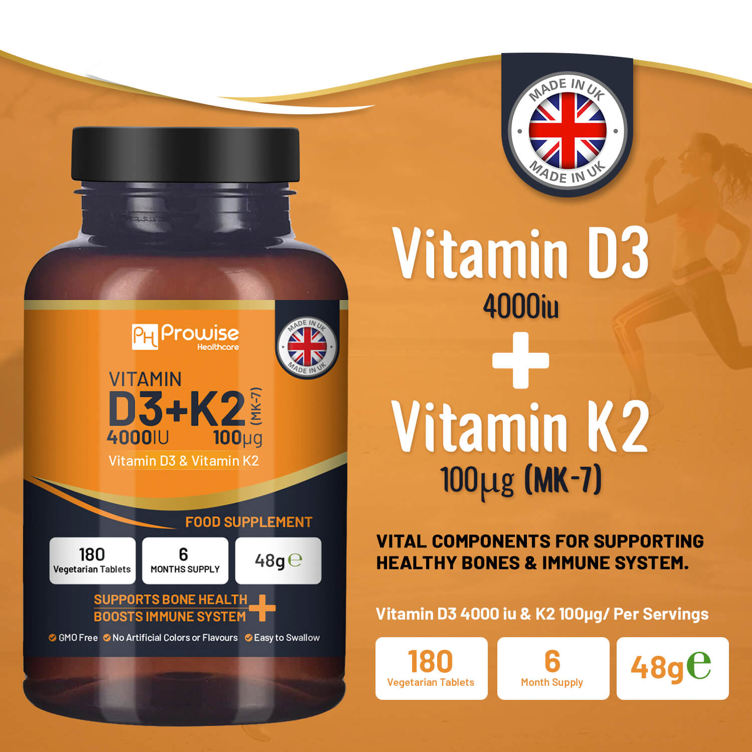 Prowise Healthcare Vitamin D3 4000IU + K2 MK7 100µg, 180 Vegetarian Tablets