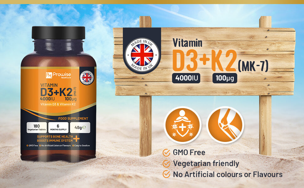 Prowise Healthcare Vitamin D3 4000IU + K2 MK7 100µg, 180 Vegetarian Tablets